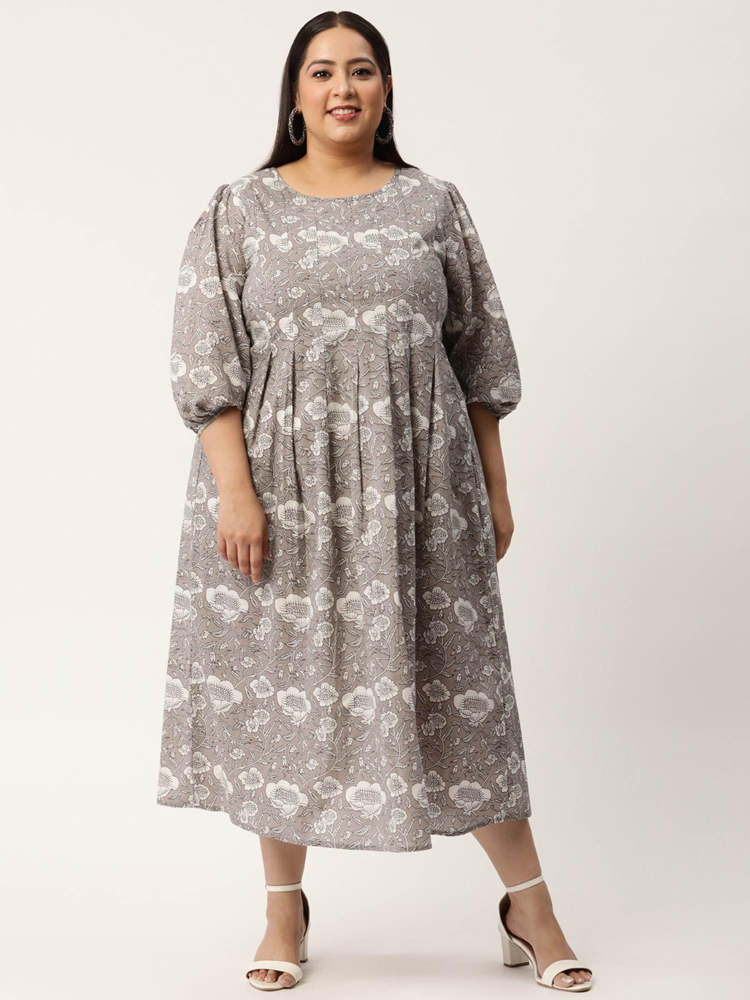 womens grey monotone floral printed front-pleated a-line midi dress
