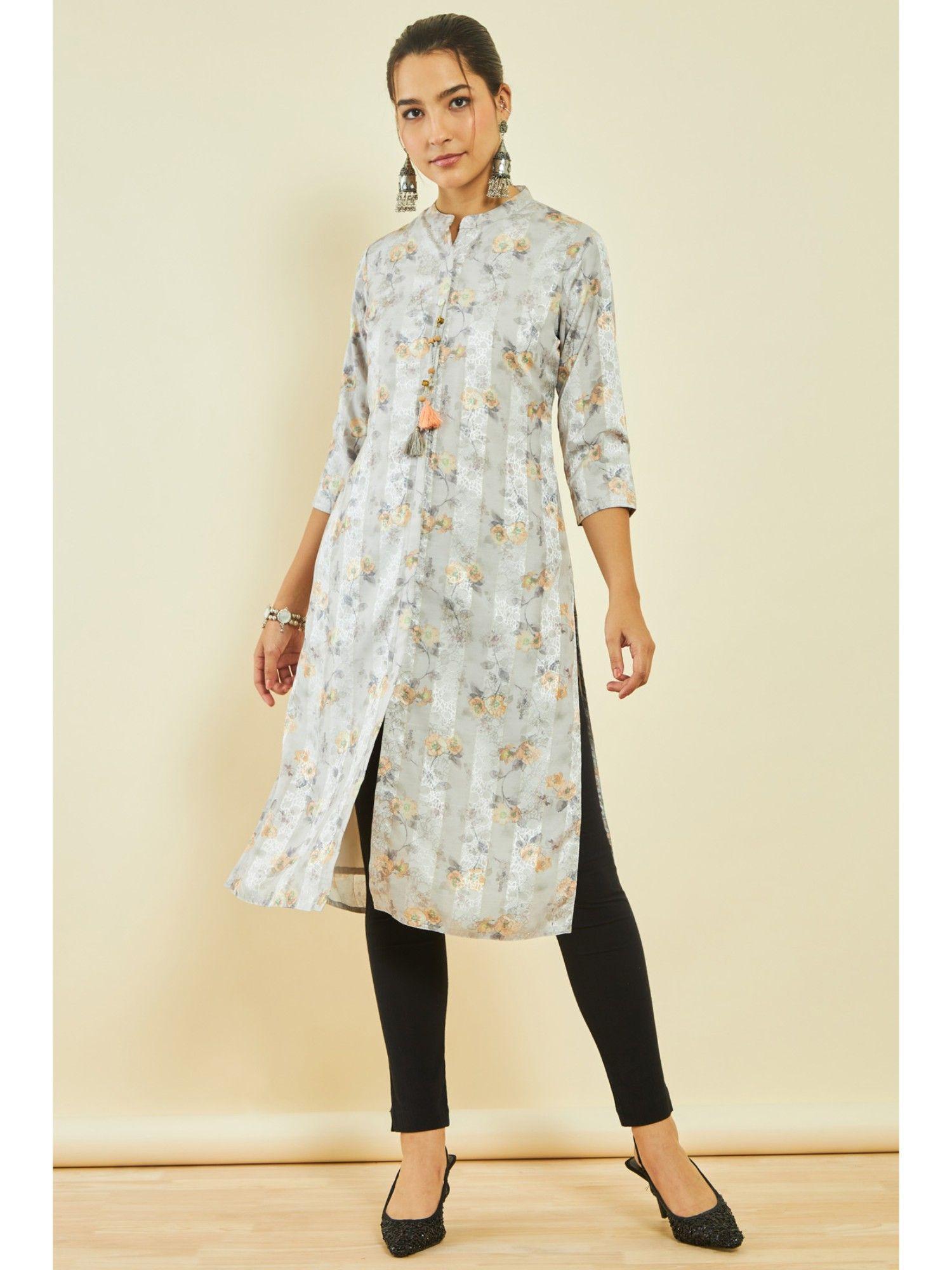 womens grey muslin floral print kurta with tassels