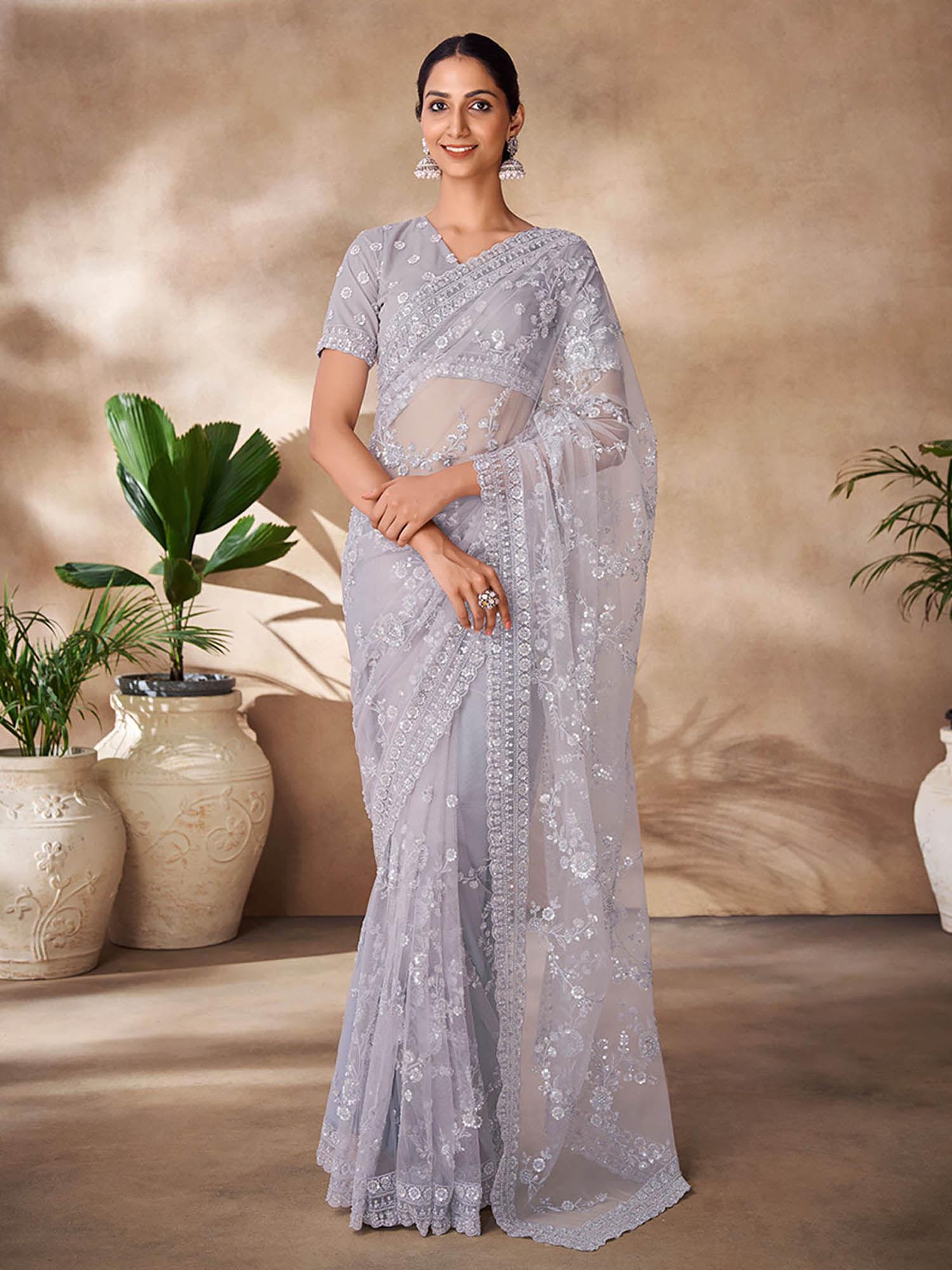 womens grey net embroidered saree with unstitched blouse