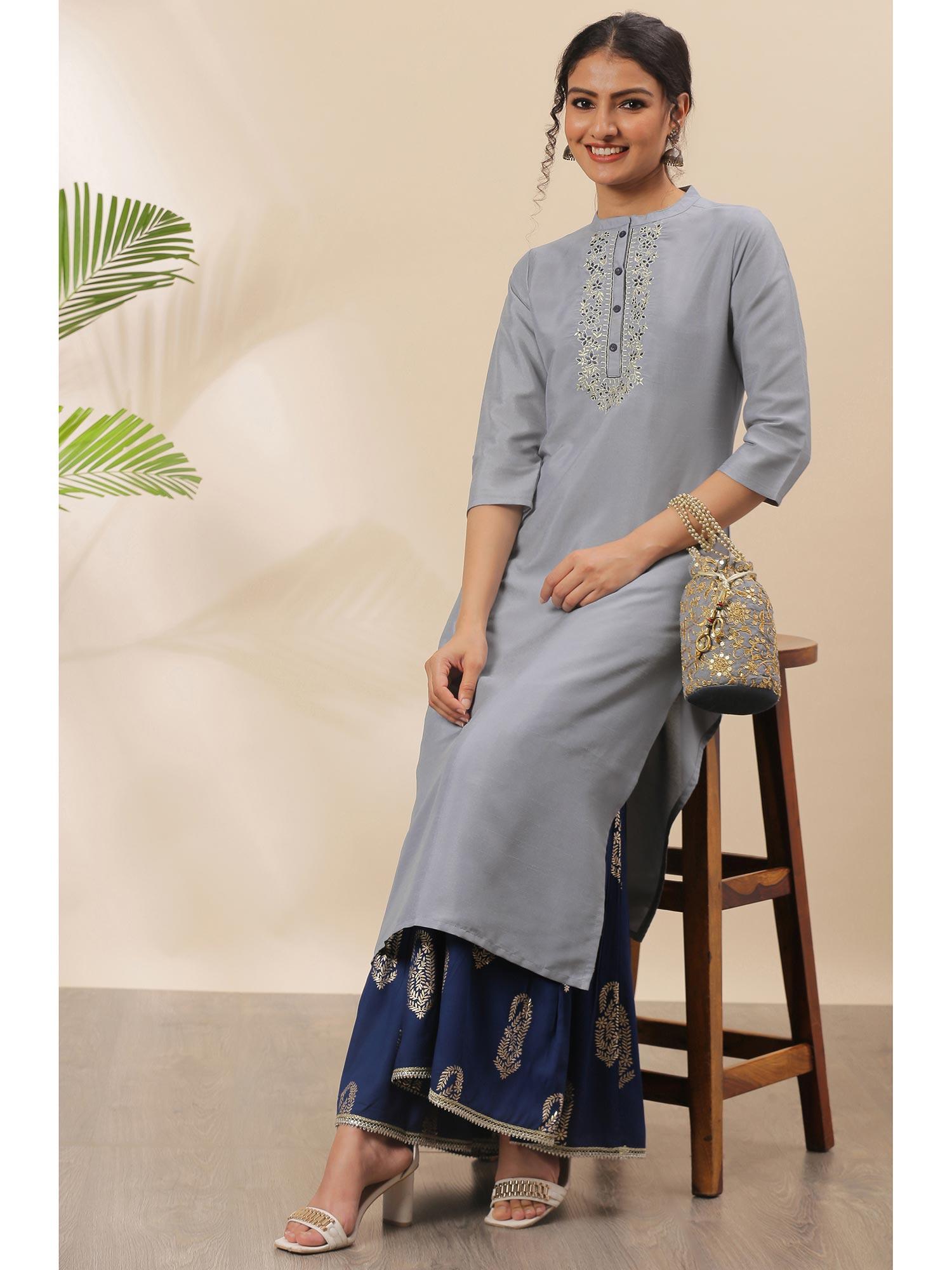 womens grey poly silk kurta