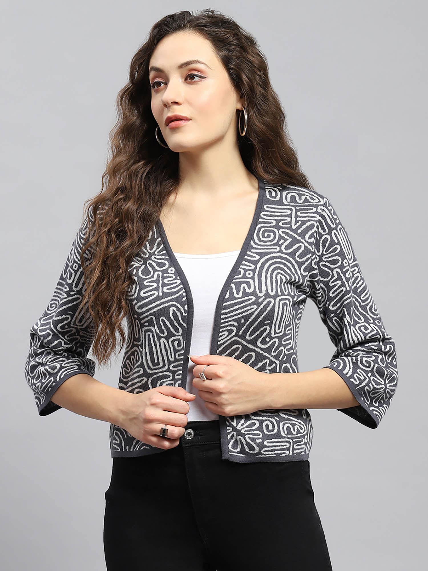 womens grey printed front open shrug