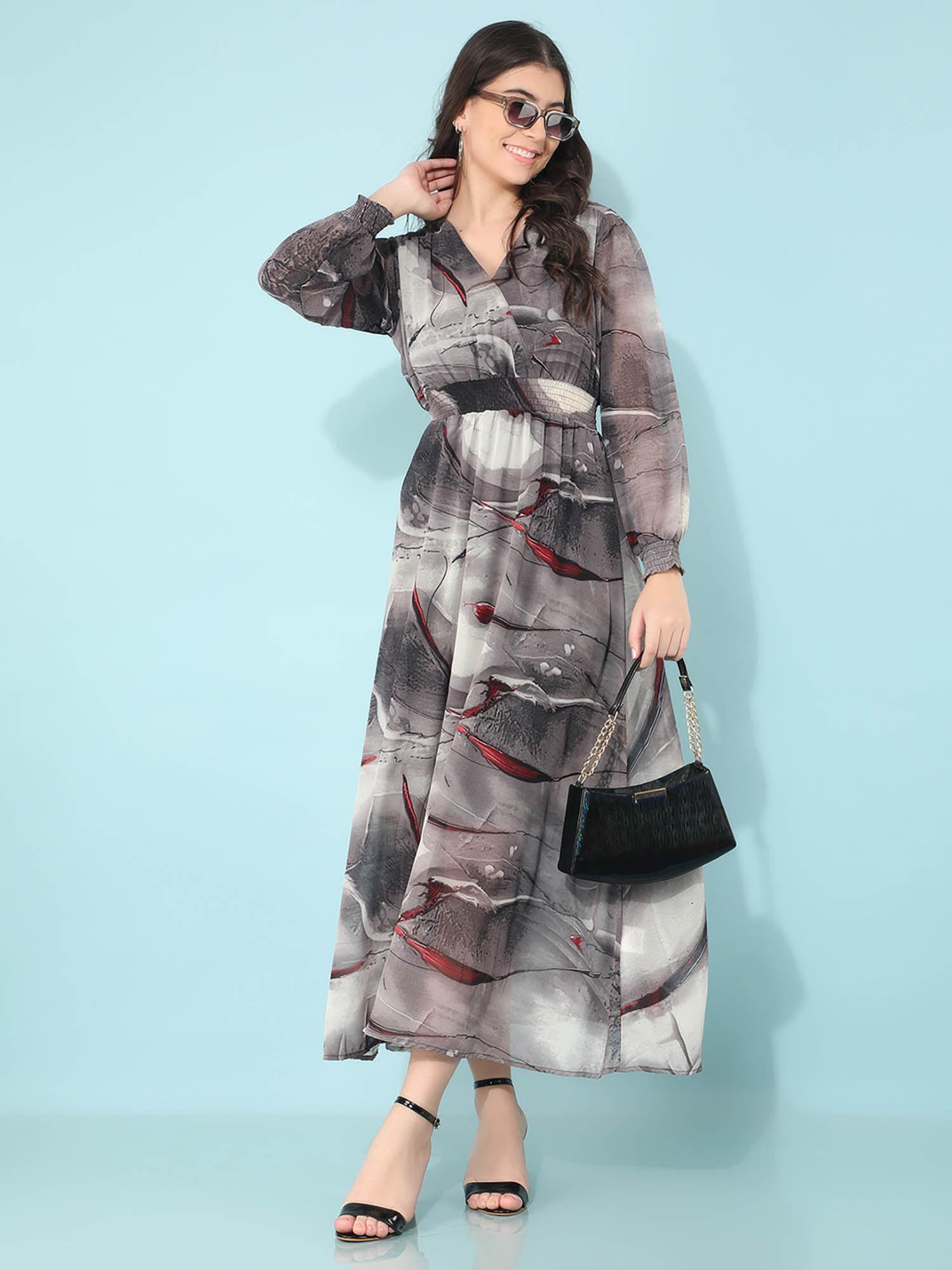 womens grey printed linen a-line dress