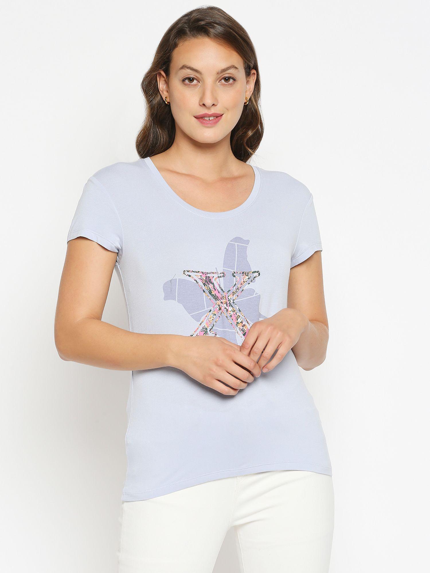 womens grey printed round neck t-shirt