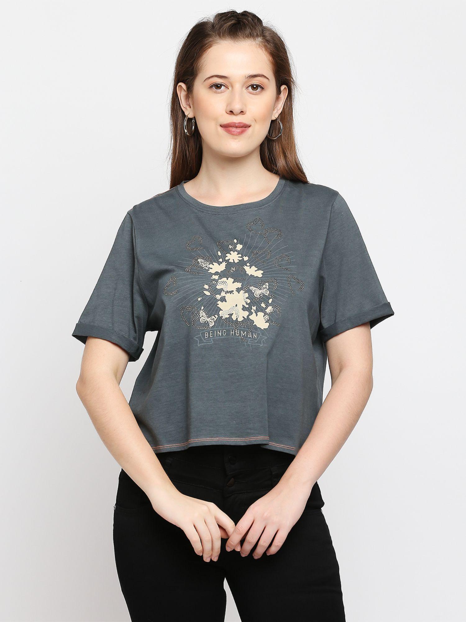 womens grey printed round neck t-shirt