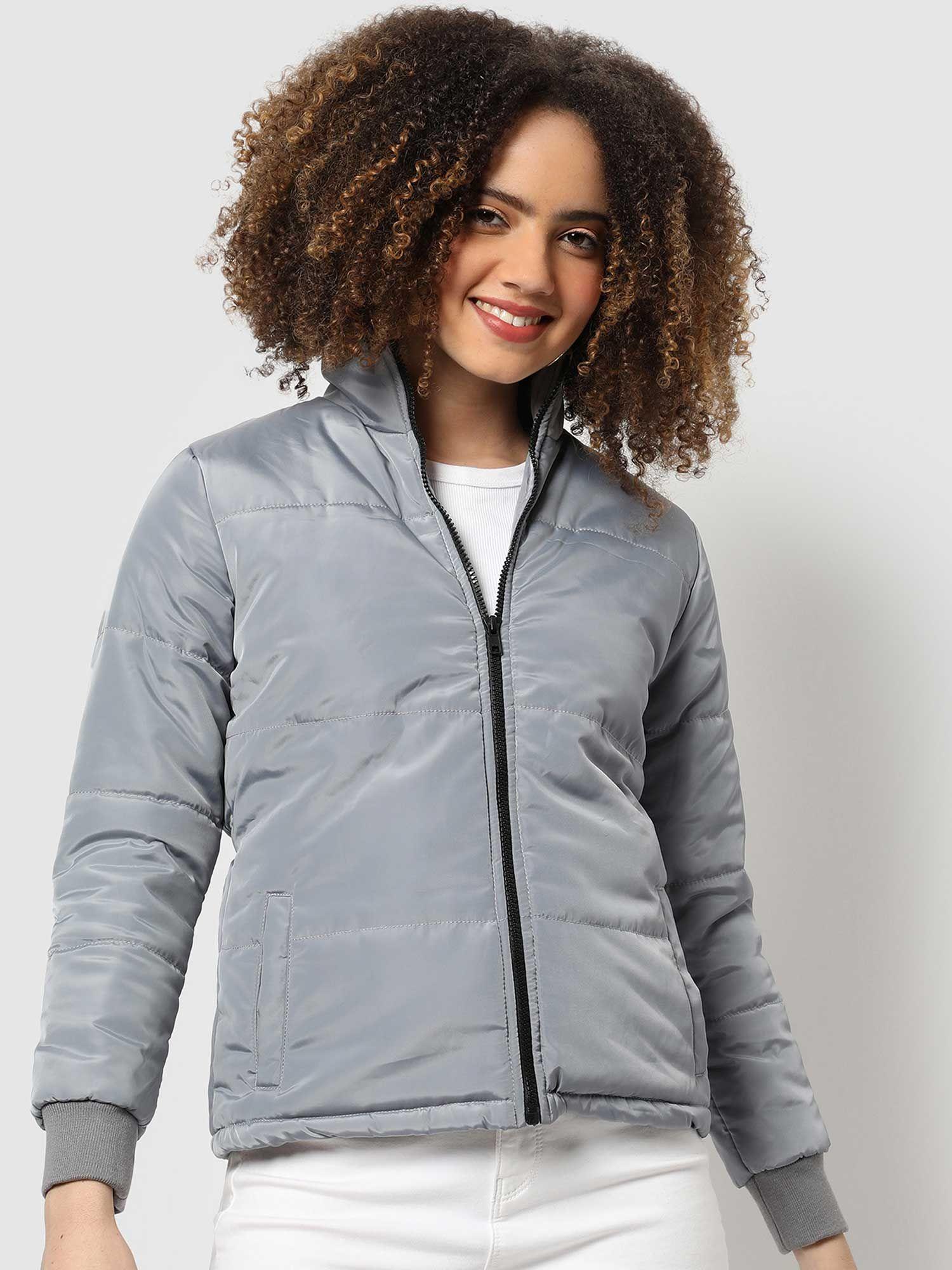 womens grey puffer bomber jacket