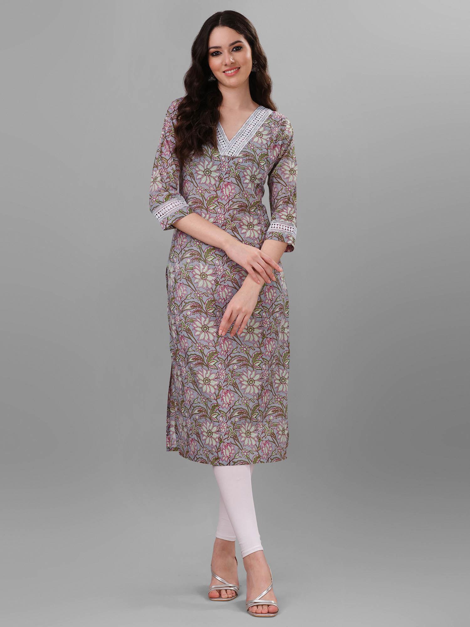 womens grey pure cotton cambric block printed kurta