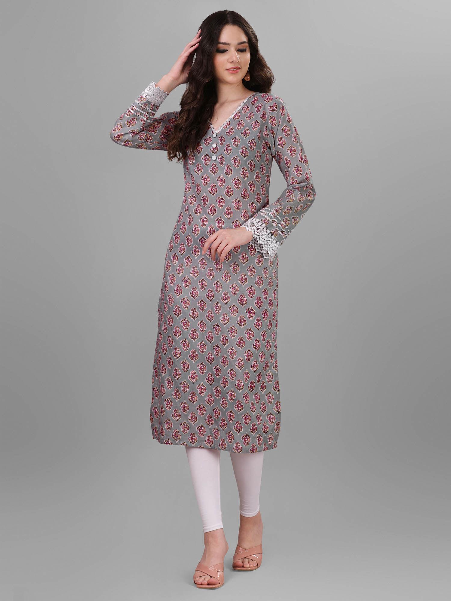 womens grey pure cotton cambric block printed kurta