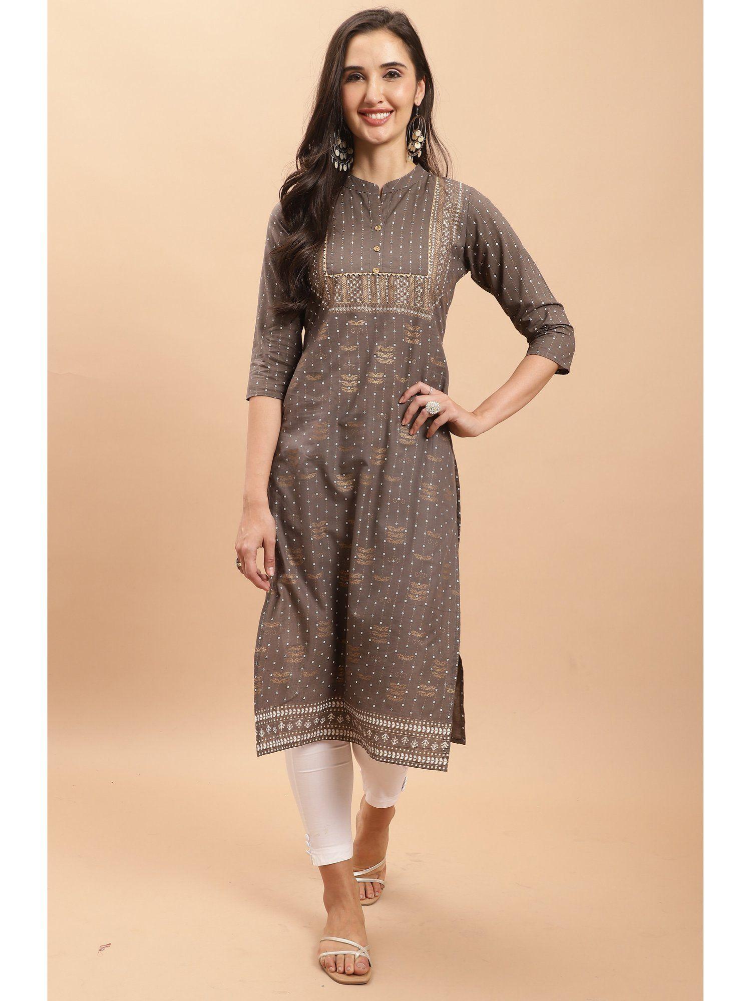 womens grey pure cotton jaipuri printed kurta