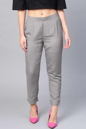 womens grey rayon flex solid cigarette pants with pockets - grey