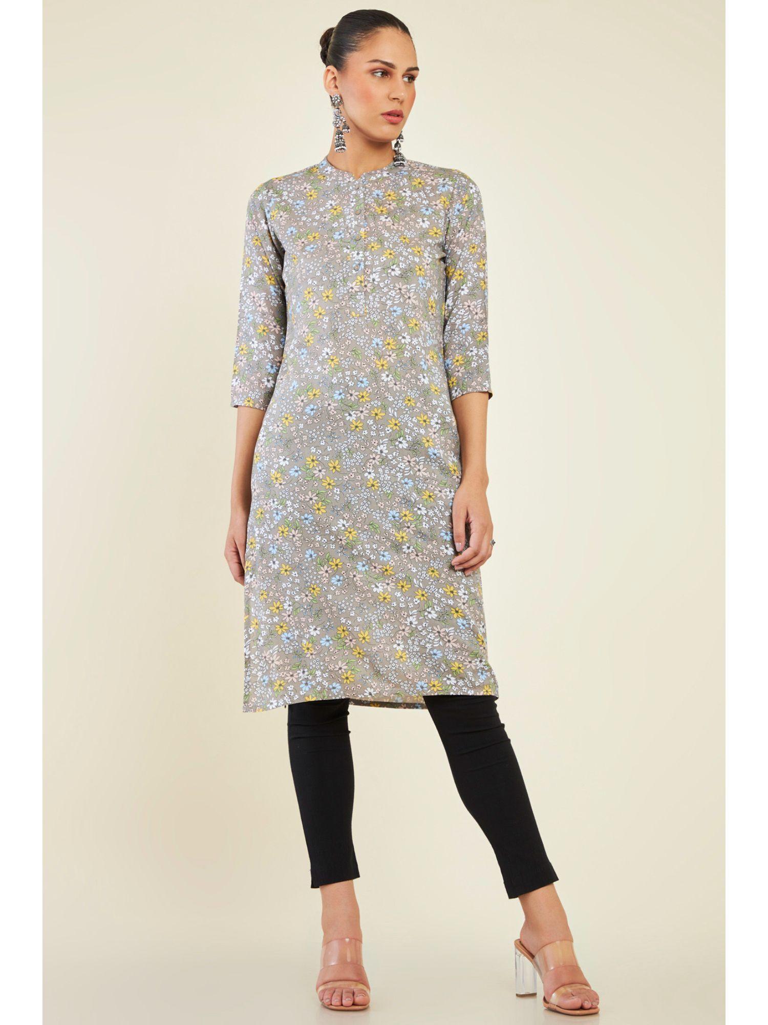 womens grey rayon floral kurta