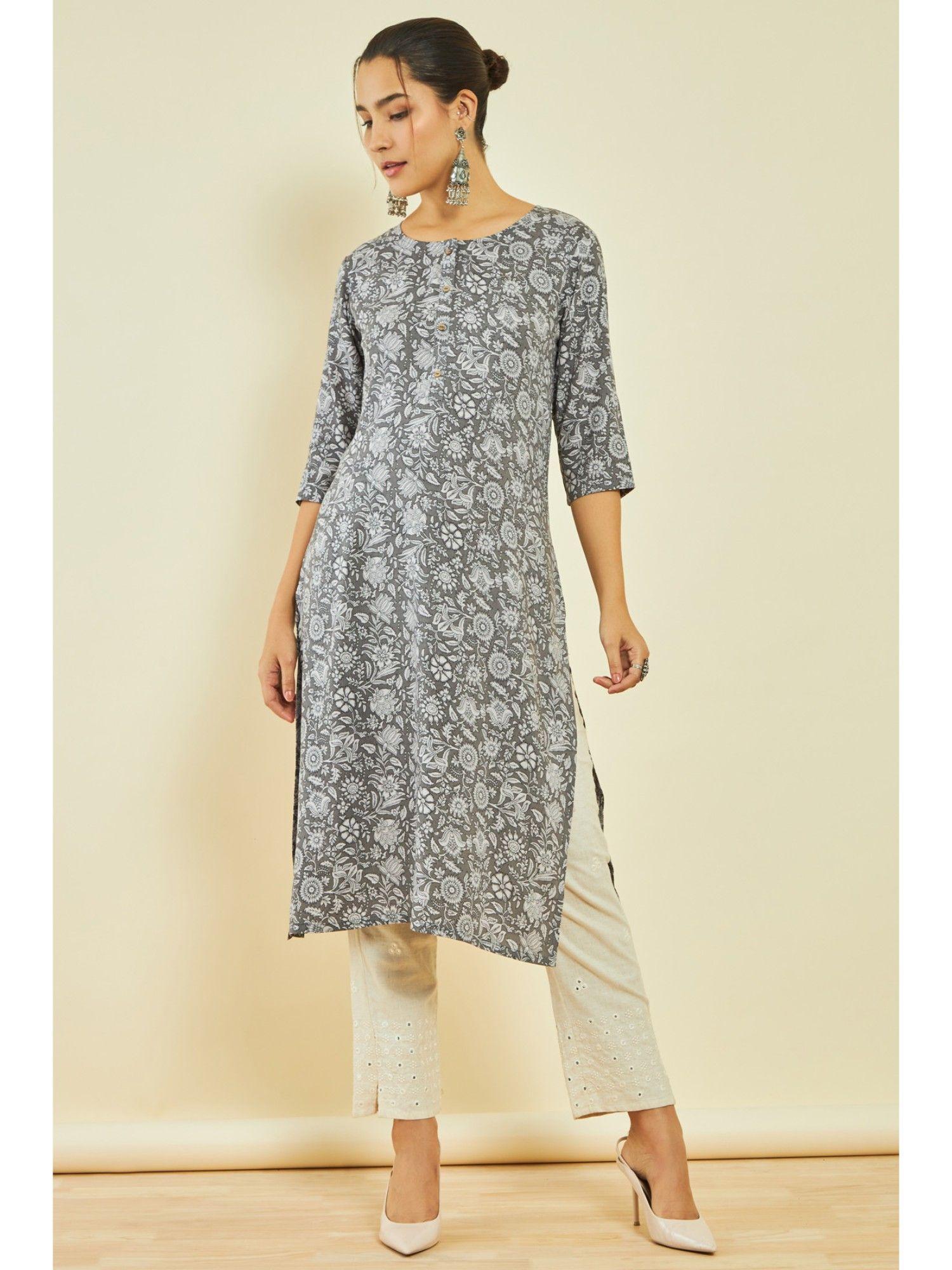 womens grey rayon floral print kurta