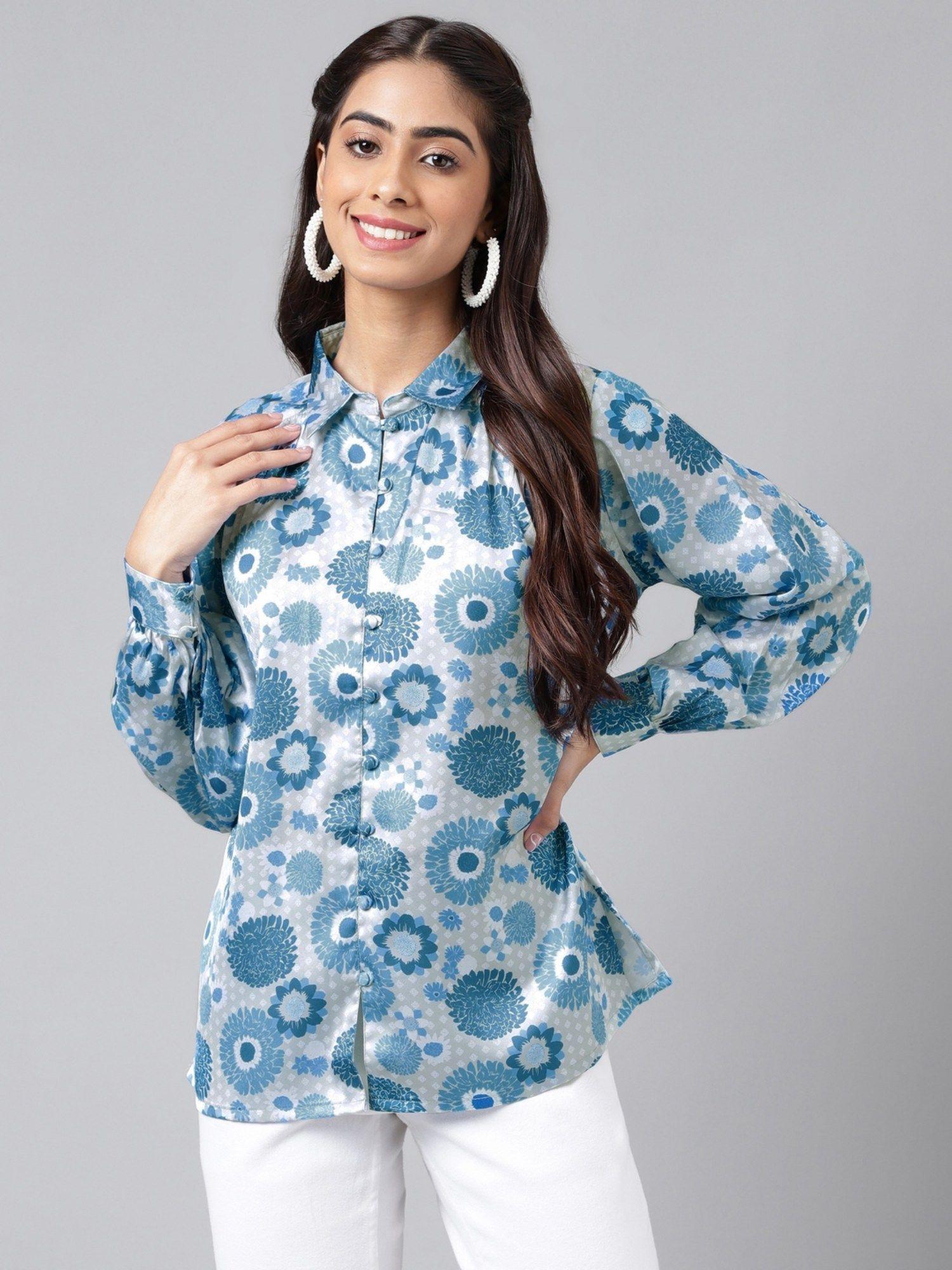 womens grey satin digital floral printed shirt style top