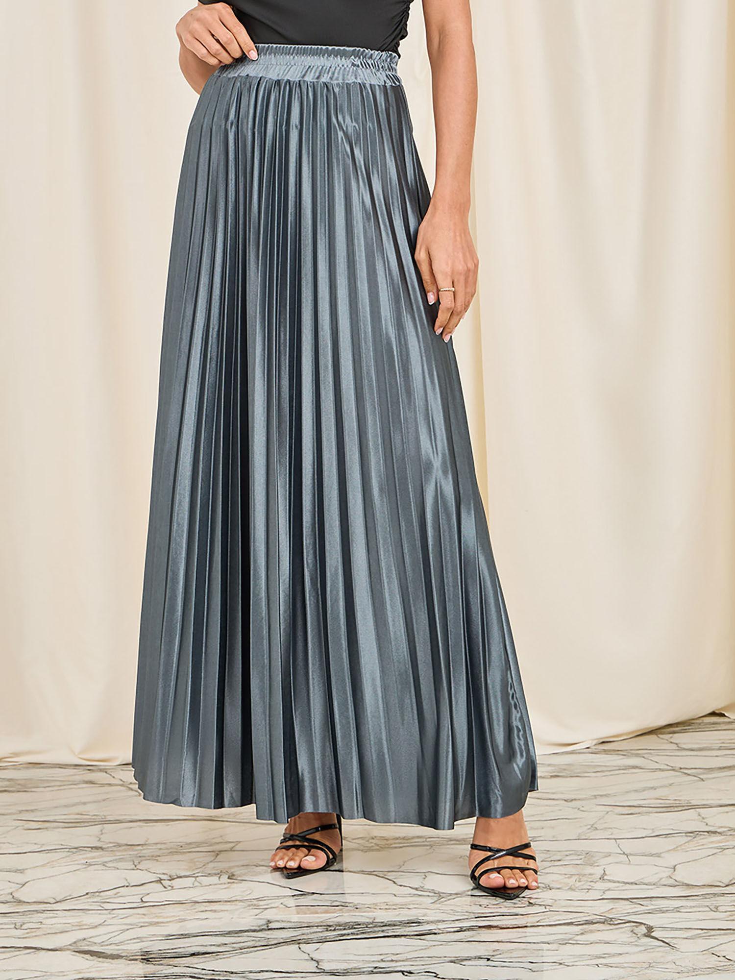 womens grey satin pleated high rise a-line maxi skirt