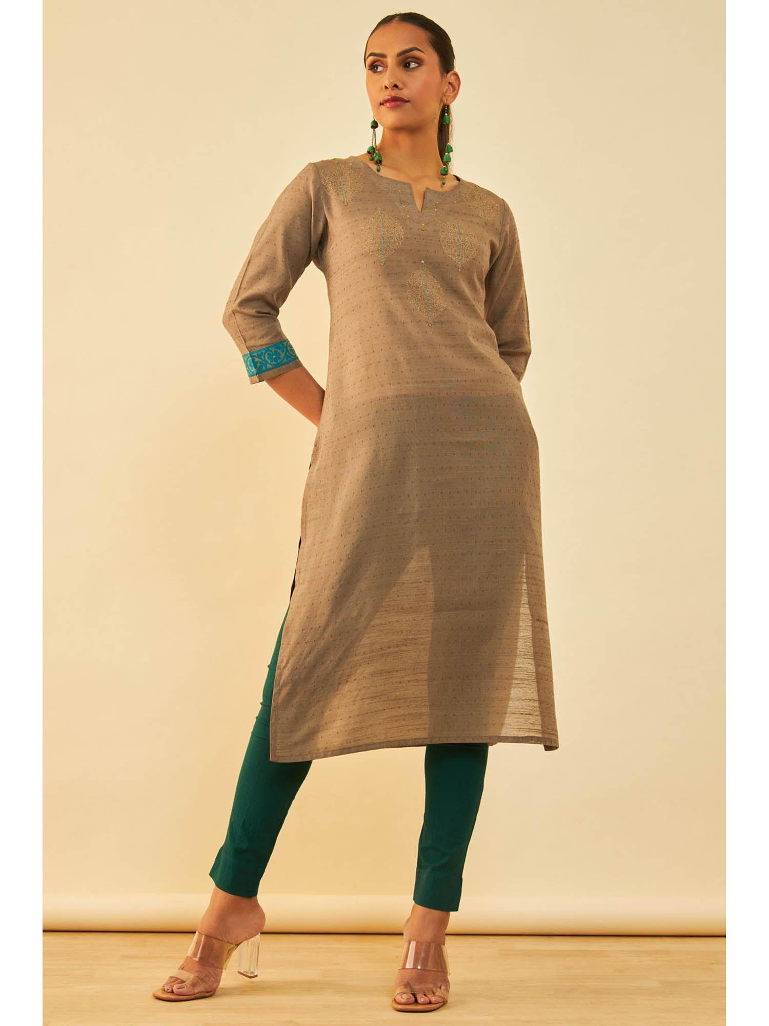 womens grey silk blend foil print kurta with sequins