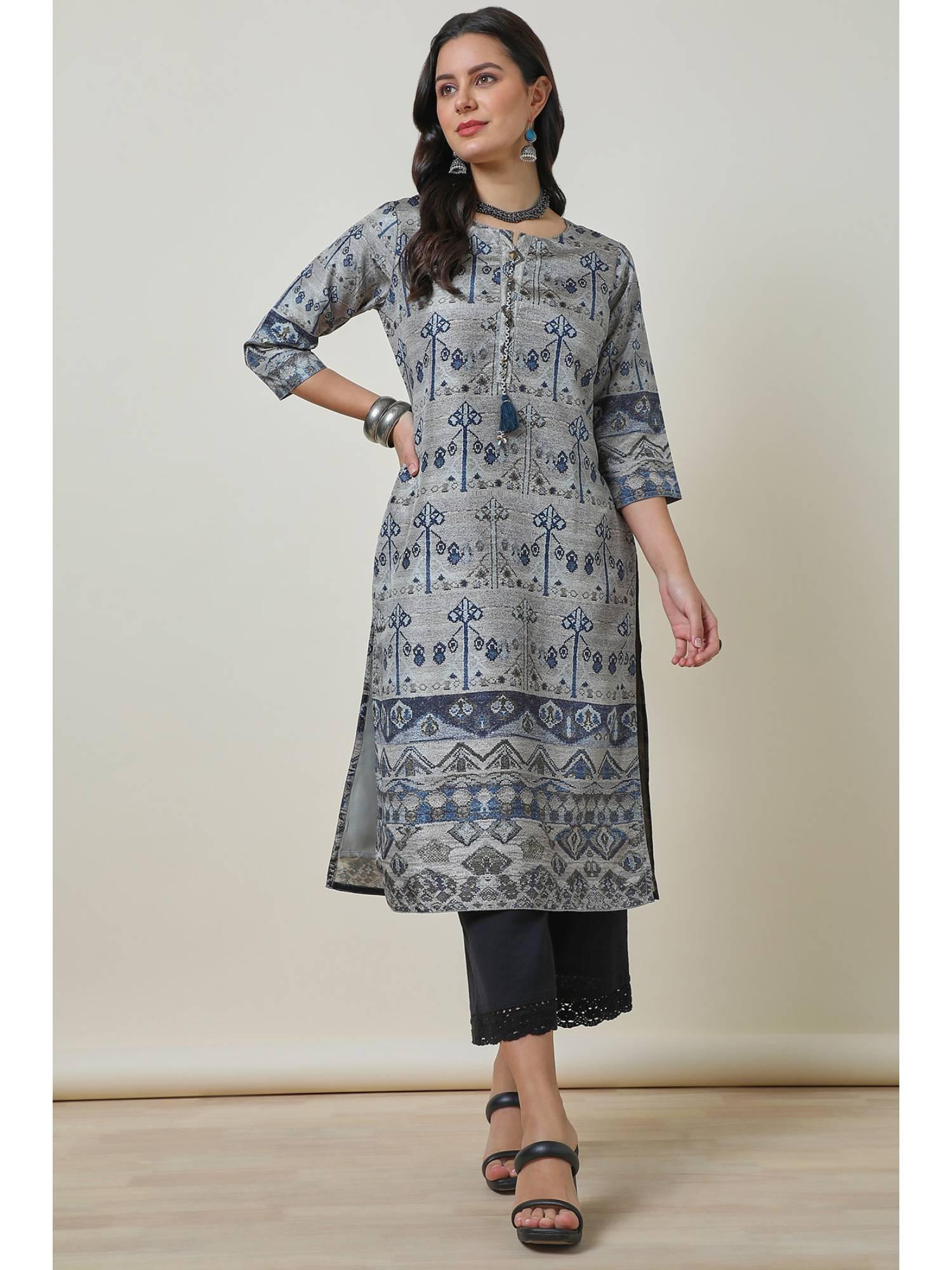 womens grey silk blend printed kurta with tassels