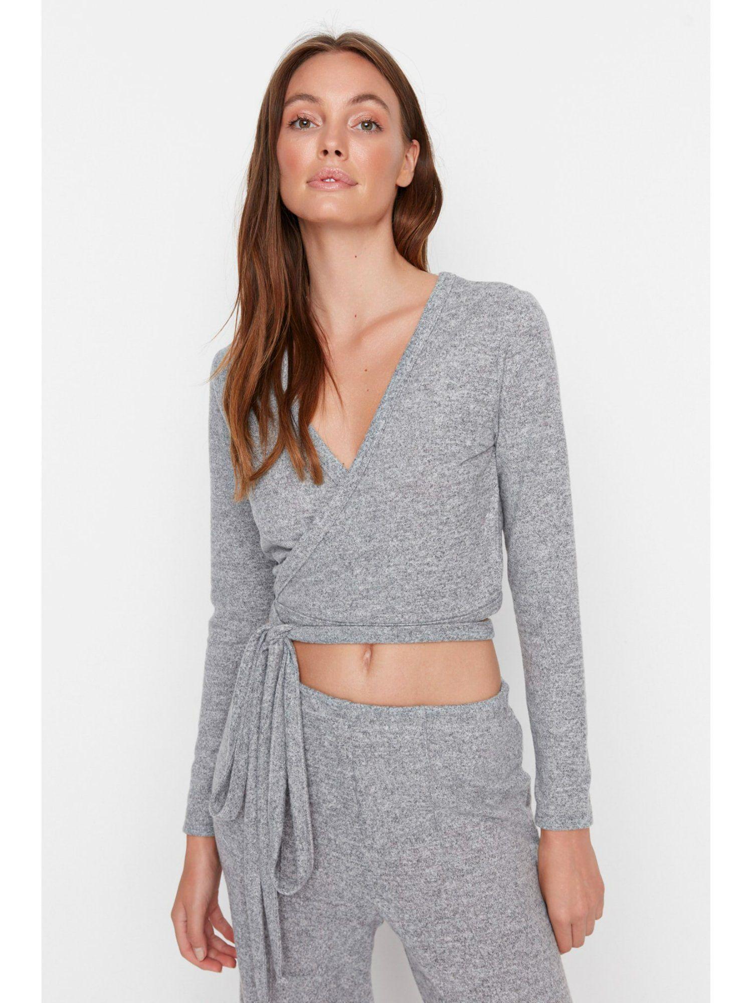 womens grey textured crop top