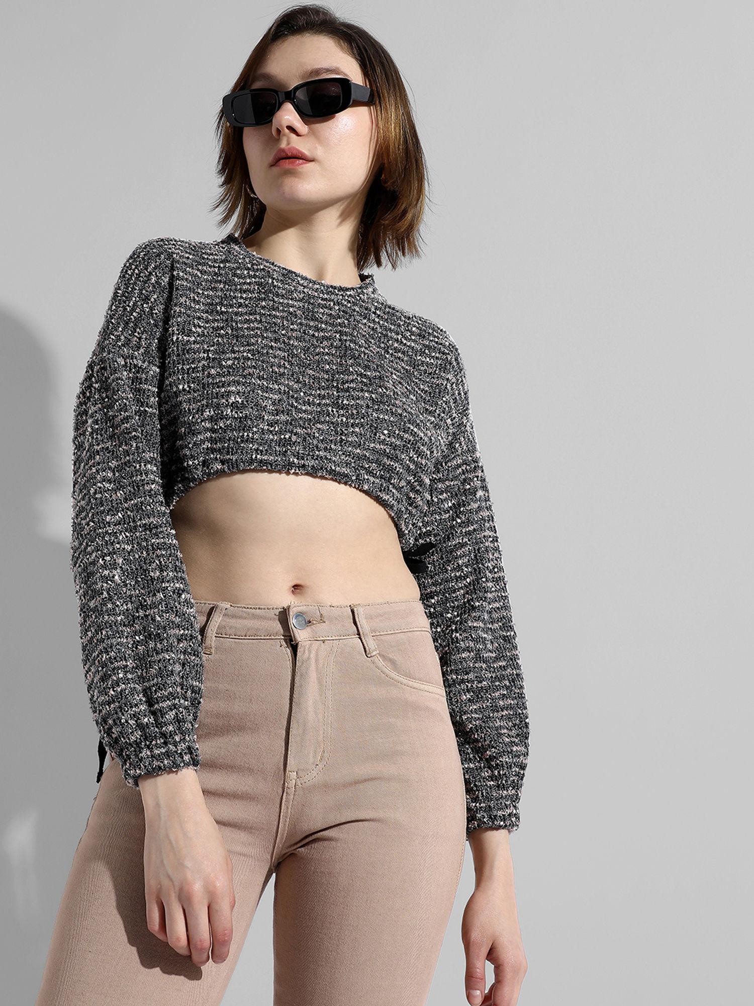 womens grey textured regular fit crop top