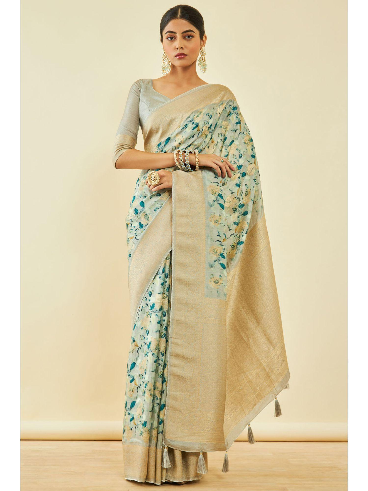 womens grey tussar silk floral print saree with unstitched blouse