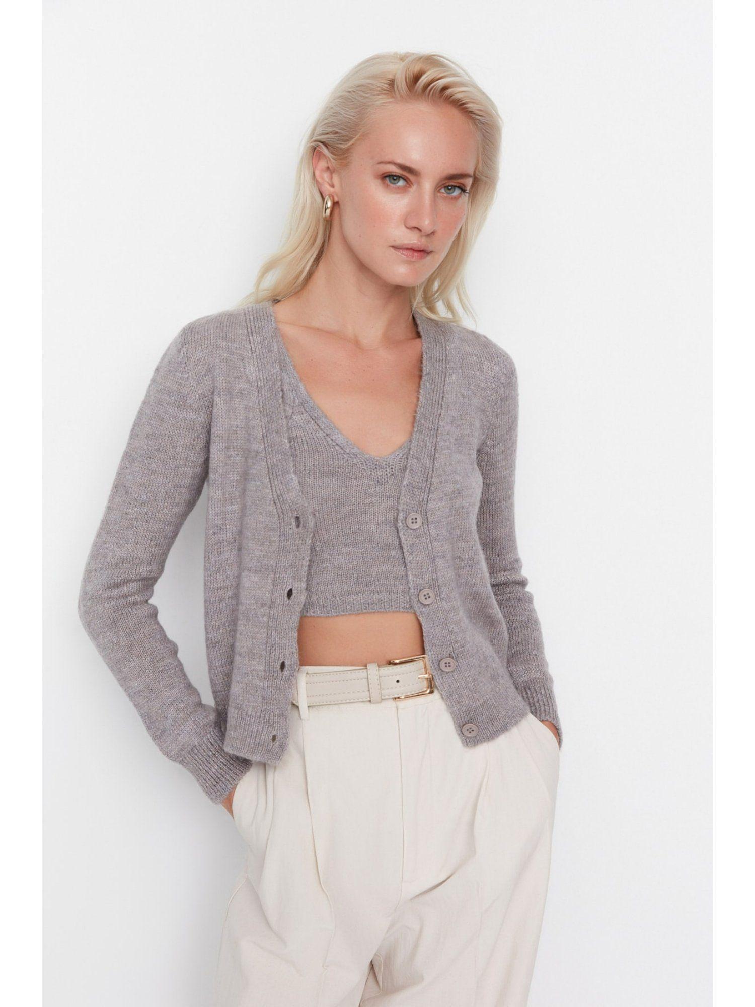 womens grey woven cardigan