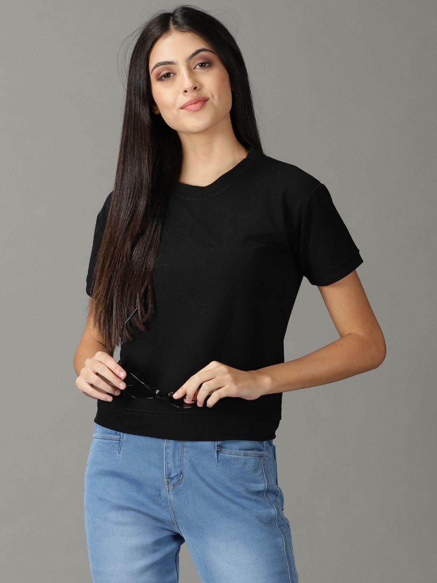 womens half sleeves round neck black solid t-shirt