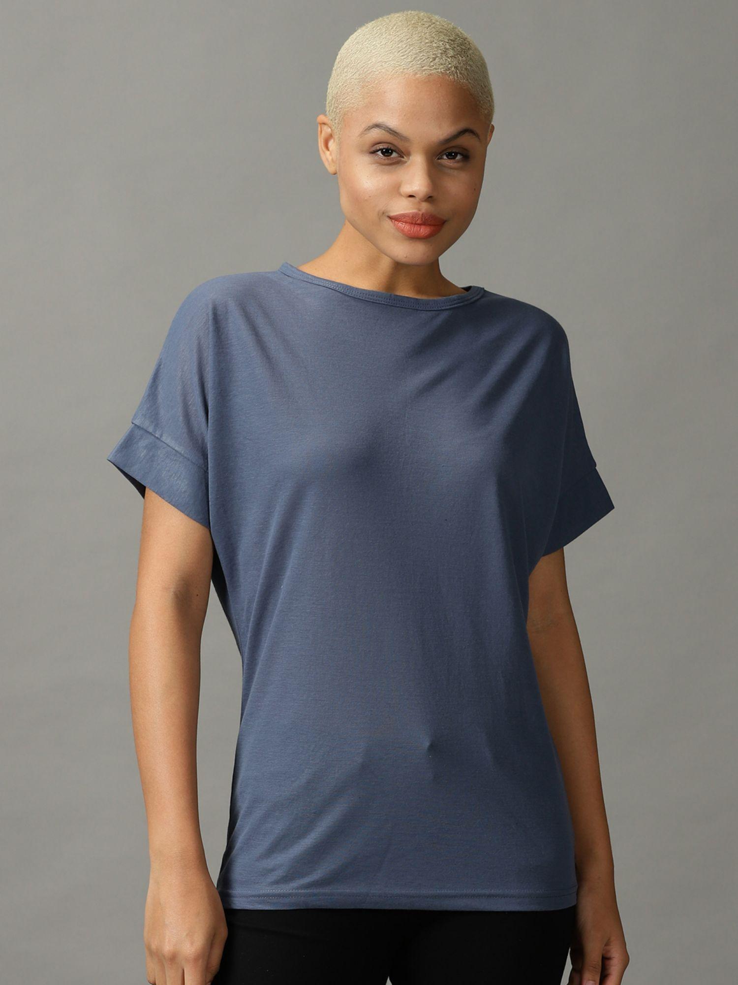 womens half sleeves round neck blue solid top