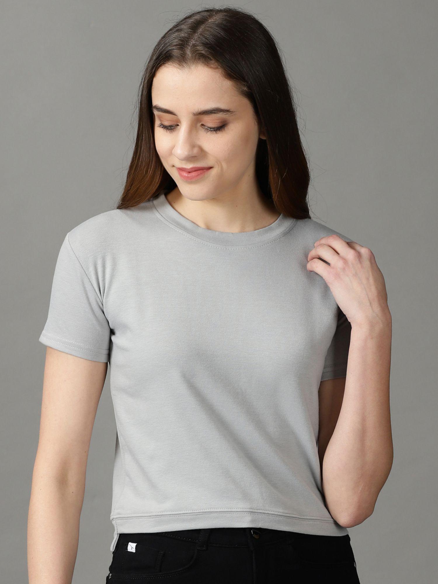 womens half sleeves round neck grey solid t-shirt