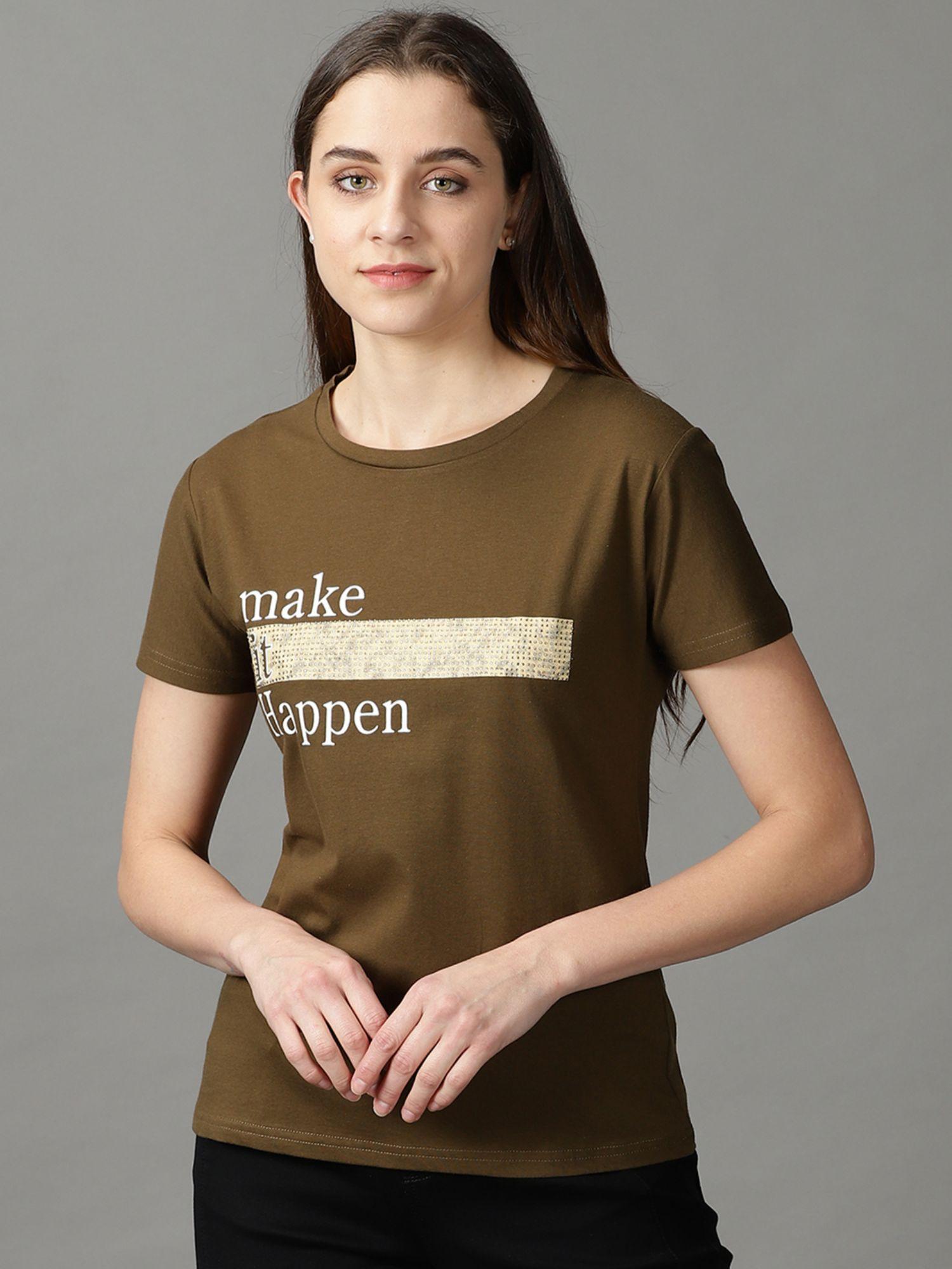 womens half sleeves round neck olive printed t-shirt