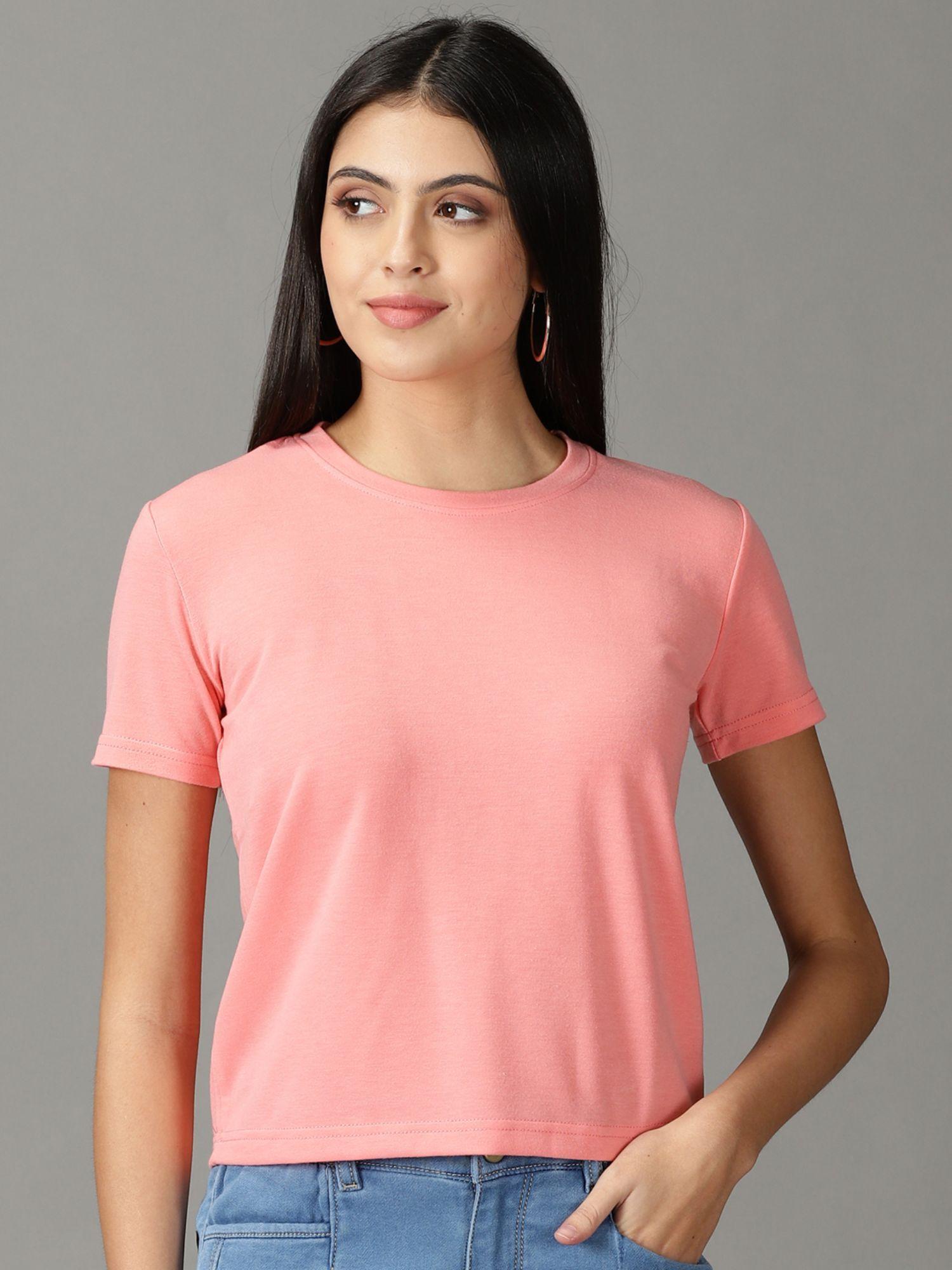 womens half sleeves round neck pink solid t-shirt