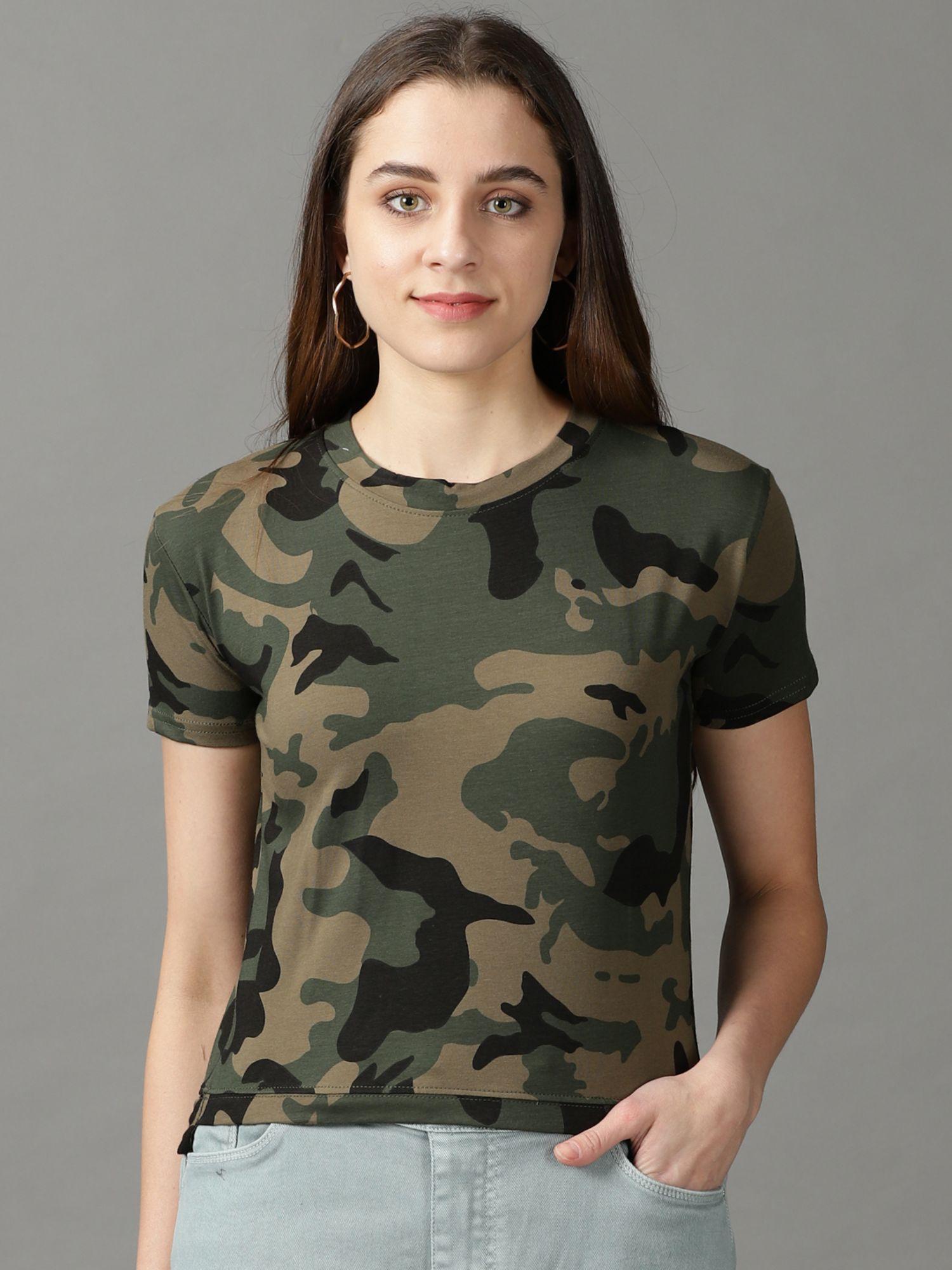 womens half sleeves round neck taupe camouflage t-shirt