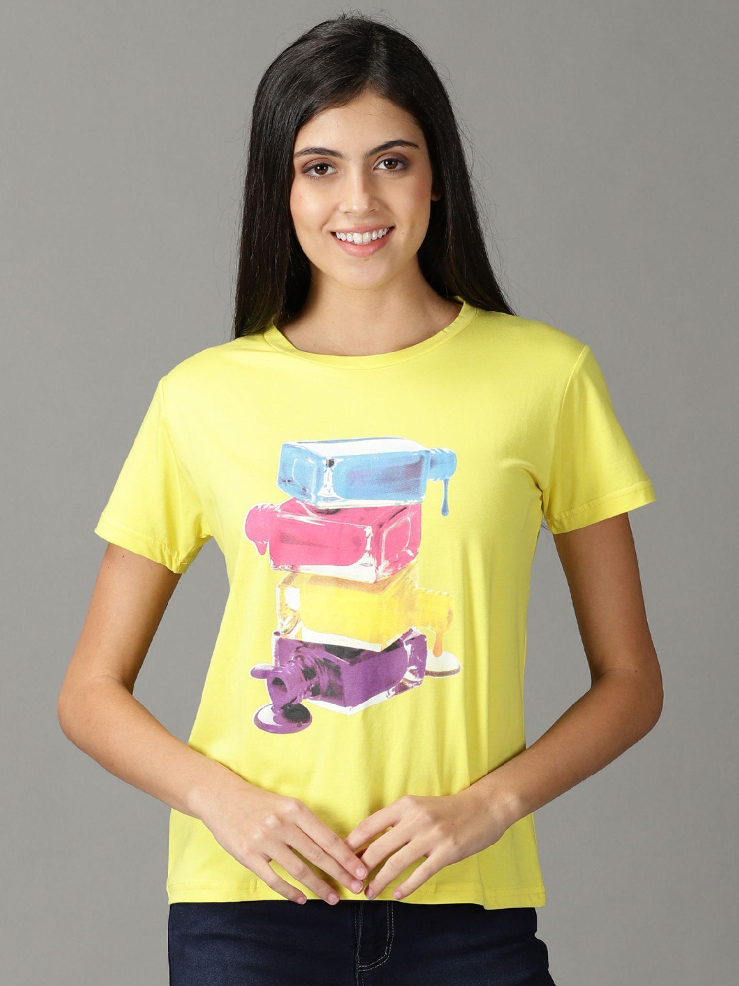 womens half sleeves round neck yellow printed t-shirt