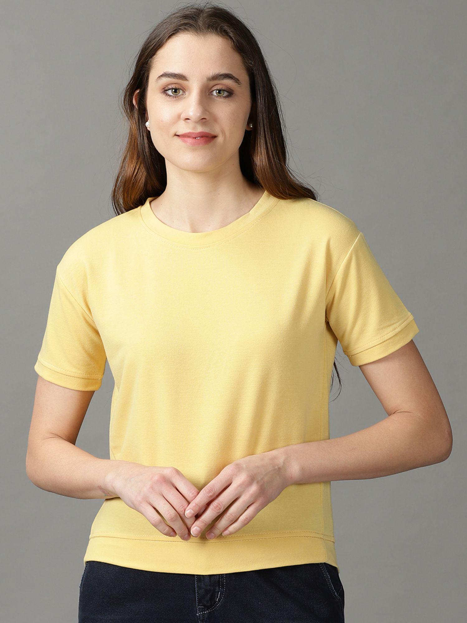 womens half sleeves round neck yellow solid t-shirt