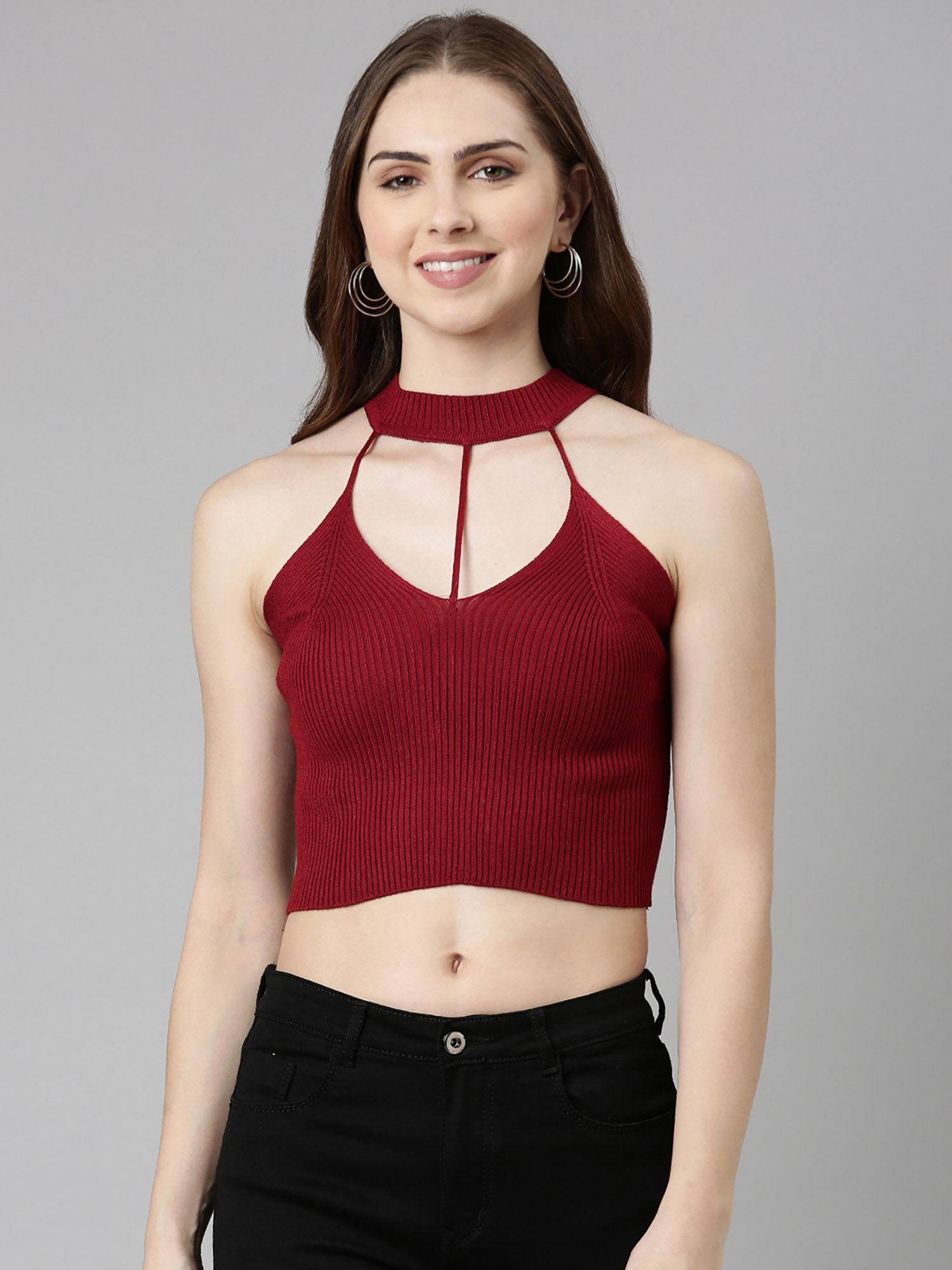 womens halter neck solid sleeveless fitted maroon crop top