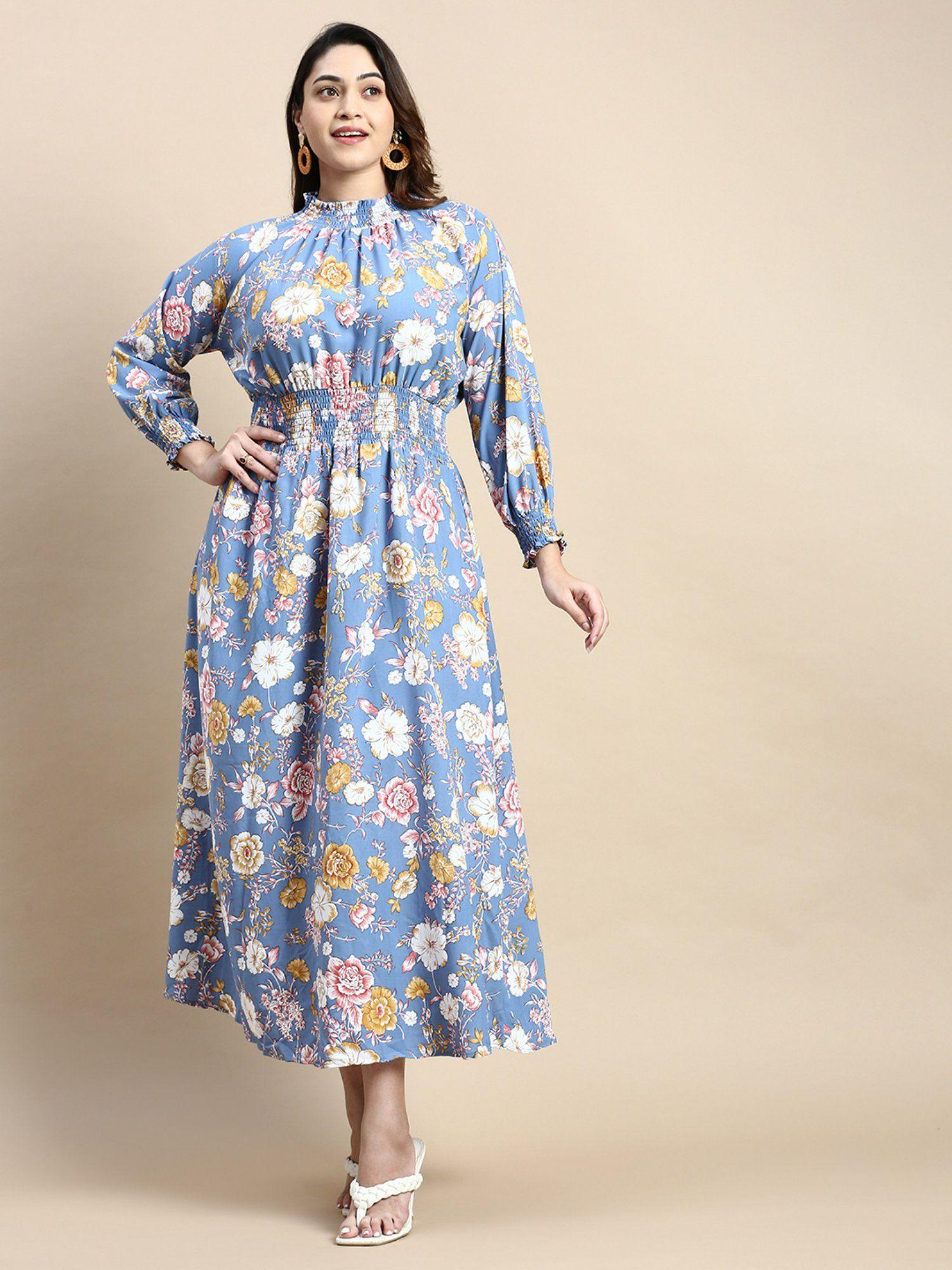 womens high neck blue floral fit and flare dress