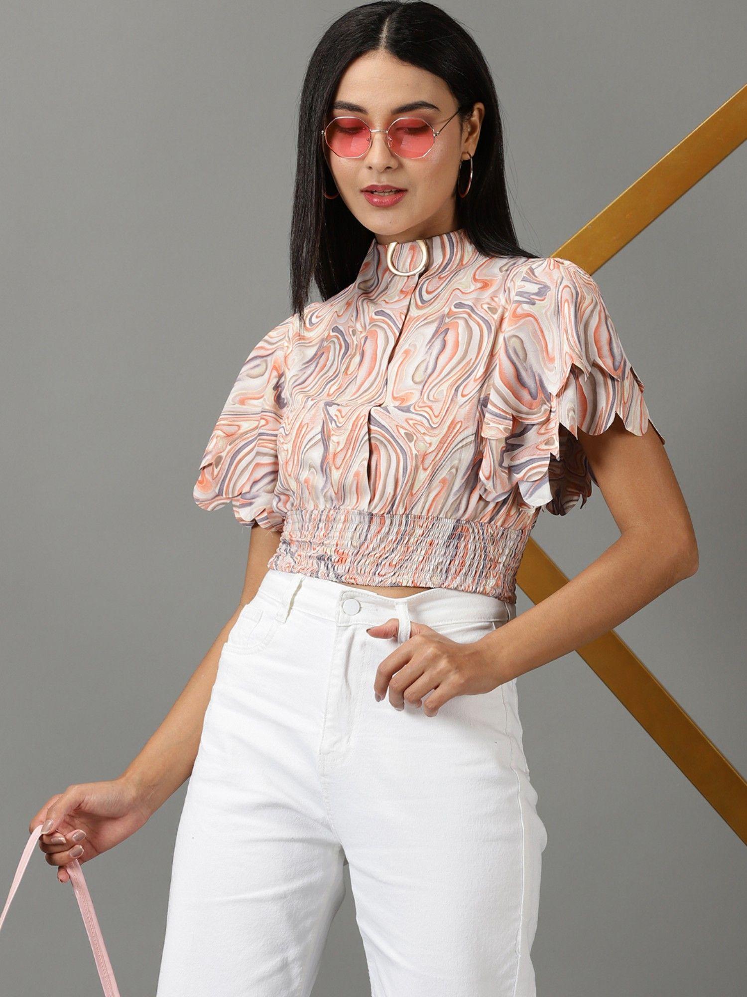 womens high neck printed peach cinched waist crop top