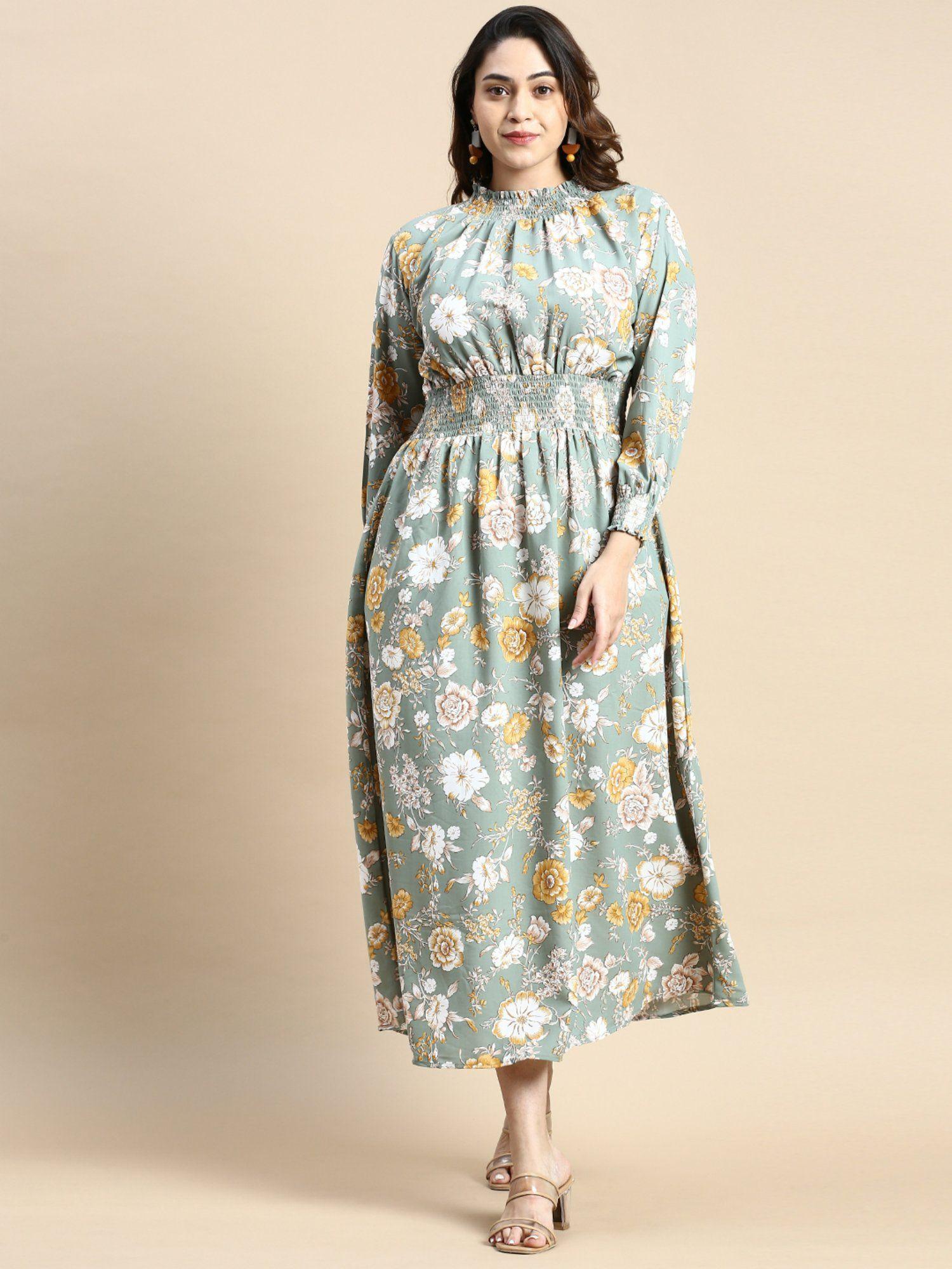 womens high neck sea green floral fit and flare dress