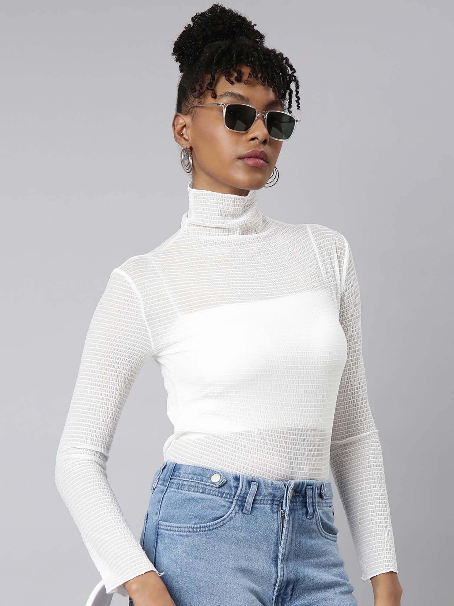 womens high neck solid white top