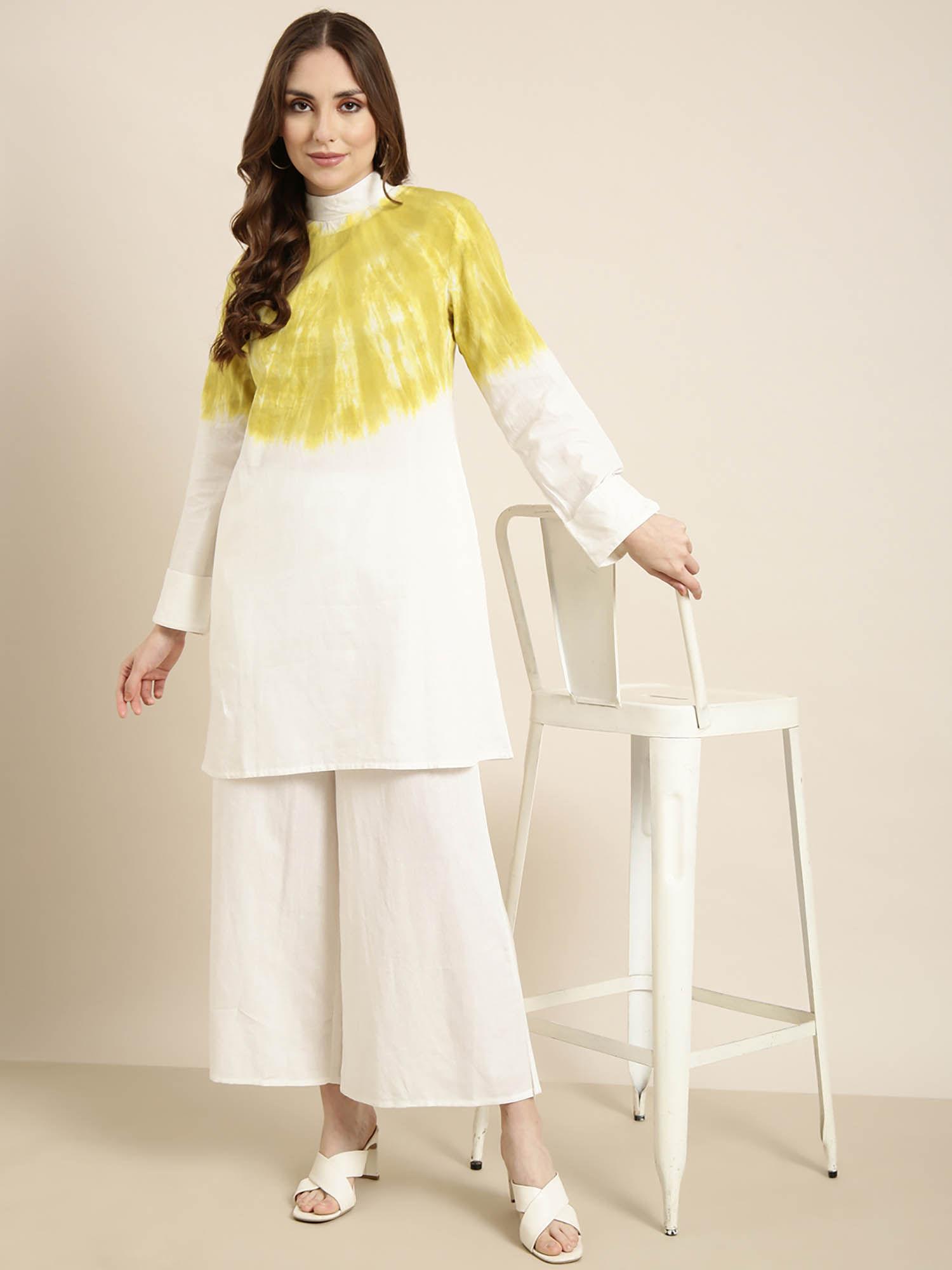 womens high neck white dyed tunic & palazzo (set of 2)