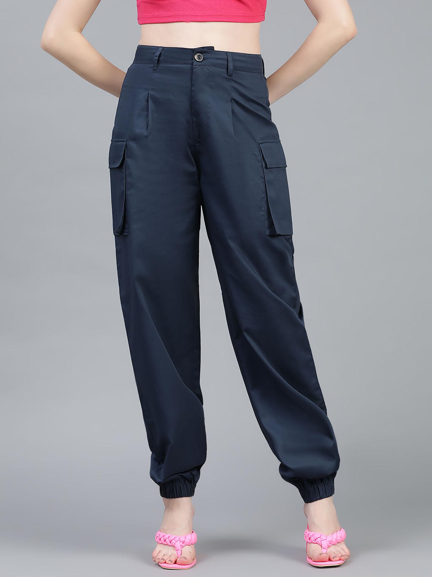 womens high rise cotton blend jogger fit korean blue cargo pant