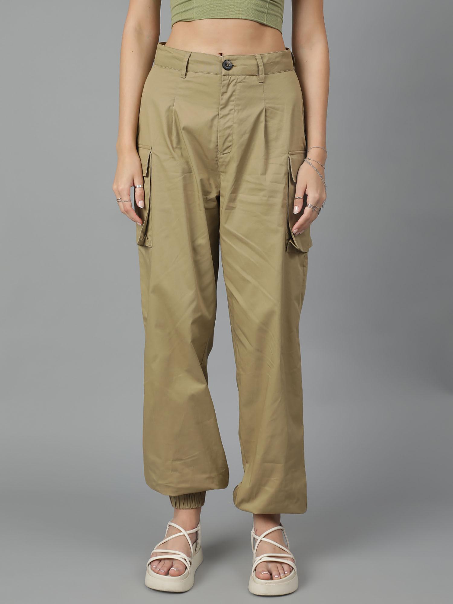 womens high rise cotton blend jogger fit korean khaki cargo pant