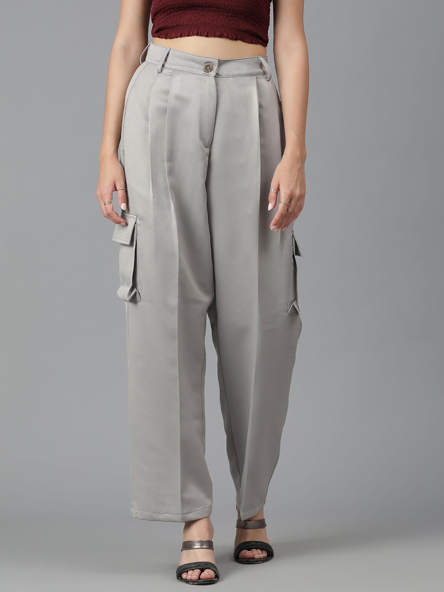 womens high rise cotton blend relaxed fit grey cargo pant