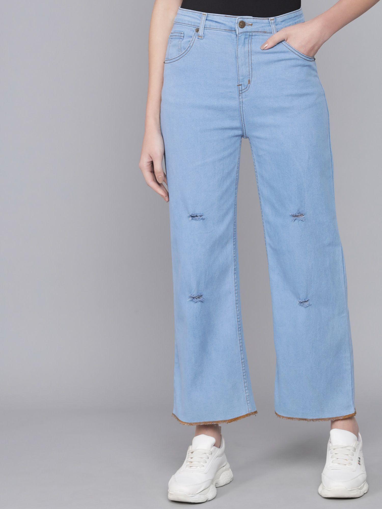 womens high rise cotton lycra blend regular fit distress jeans