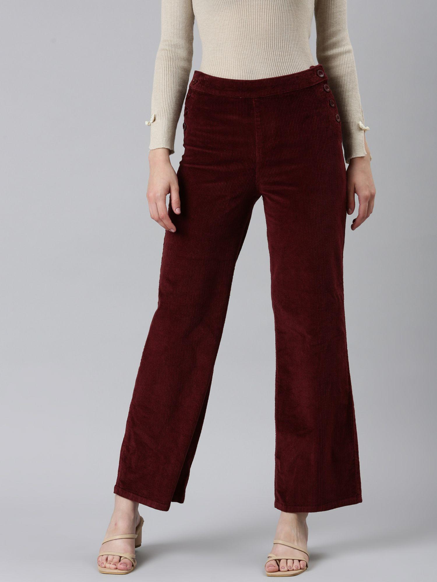 womens high rise solid burgundy straight fit pants