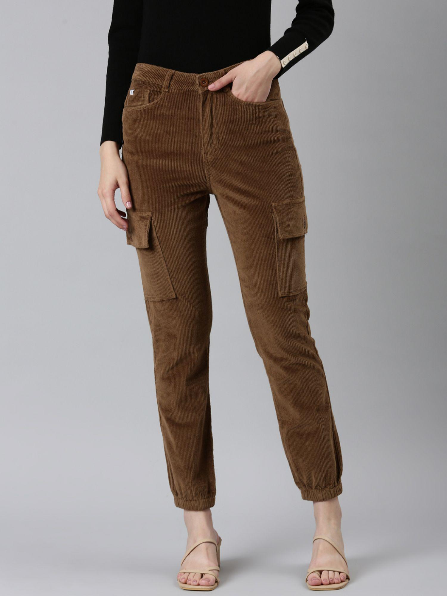 womens high rise solid coffee brown slim fit pants