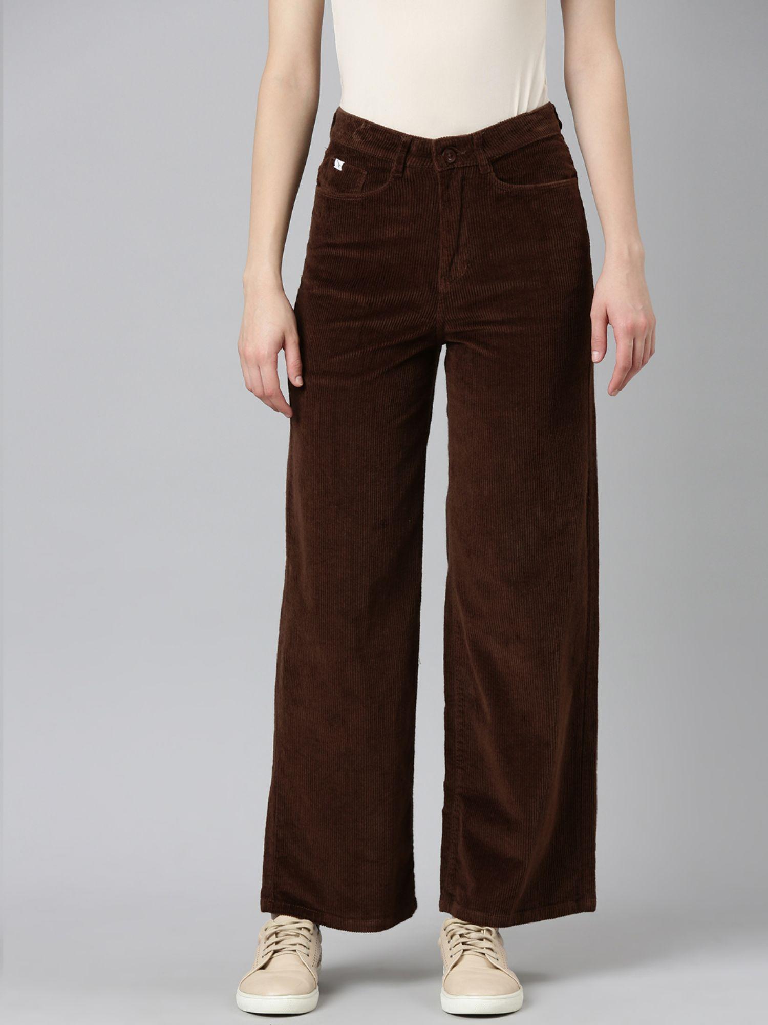 womens high rise solid coffee brown straight fit pants