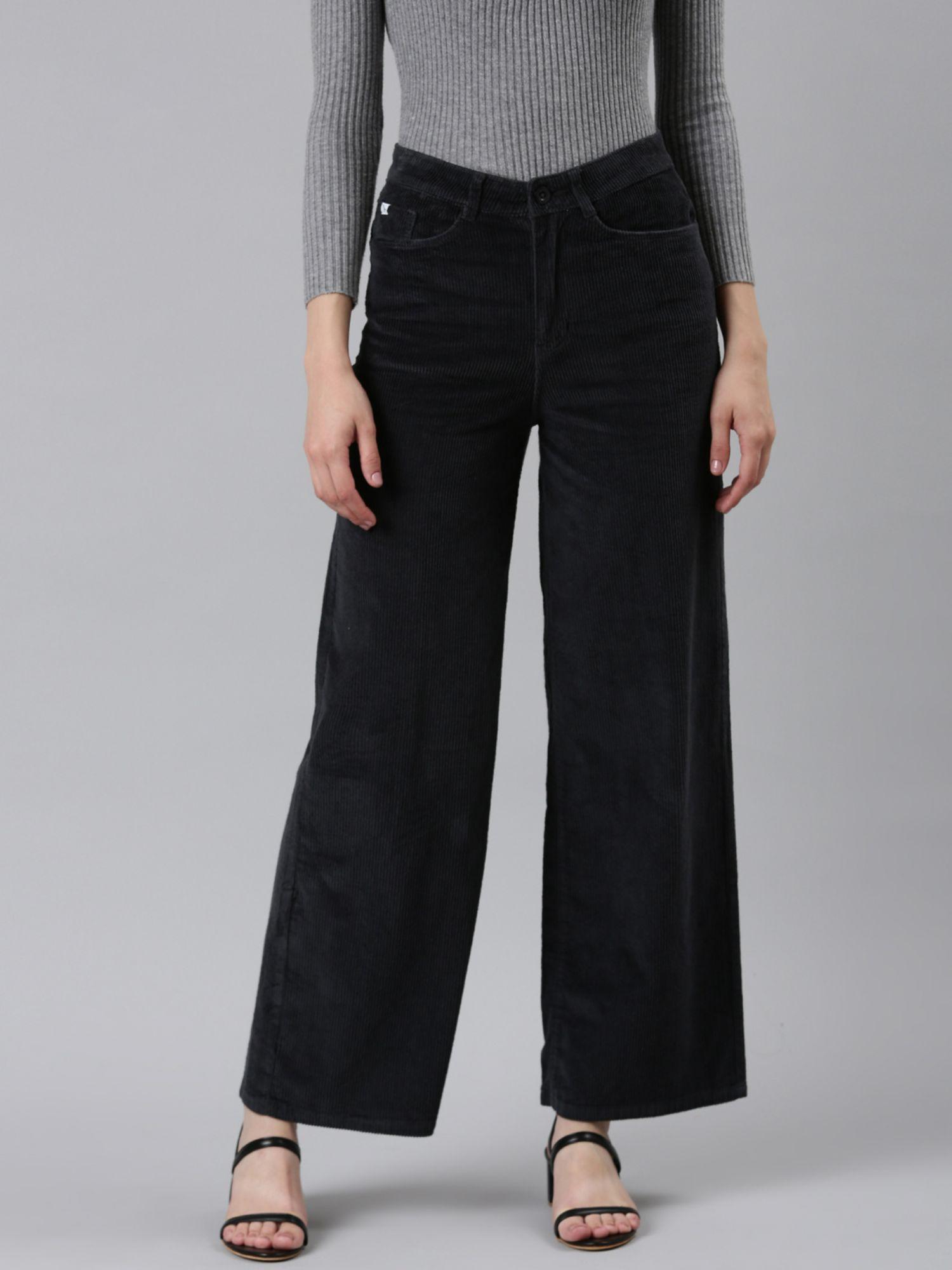 womens high rise solid grey straight fit pants