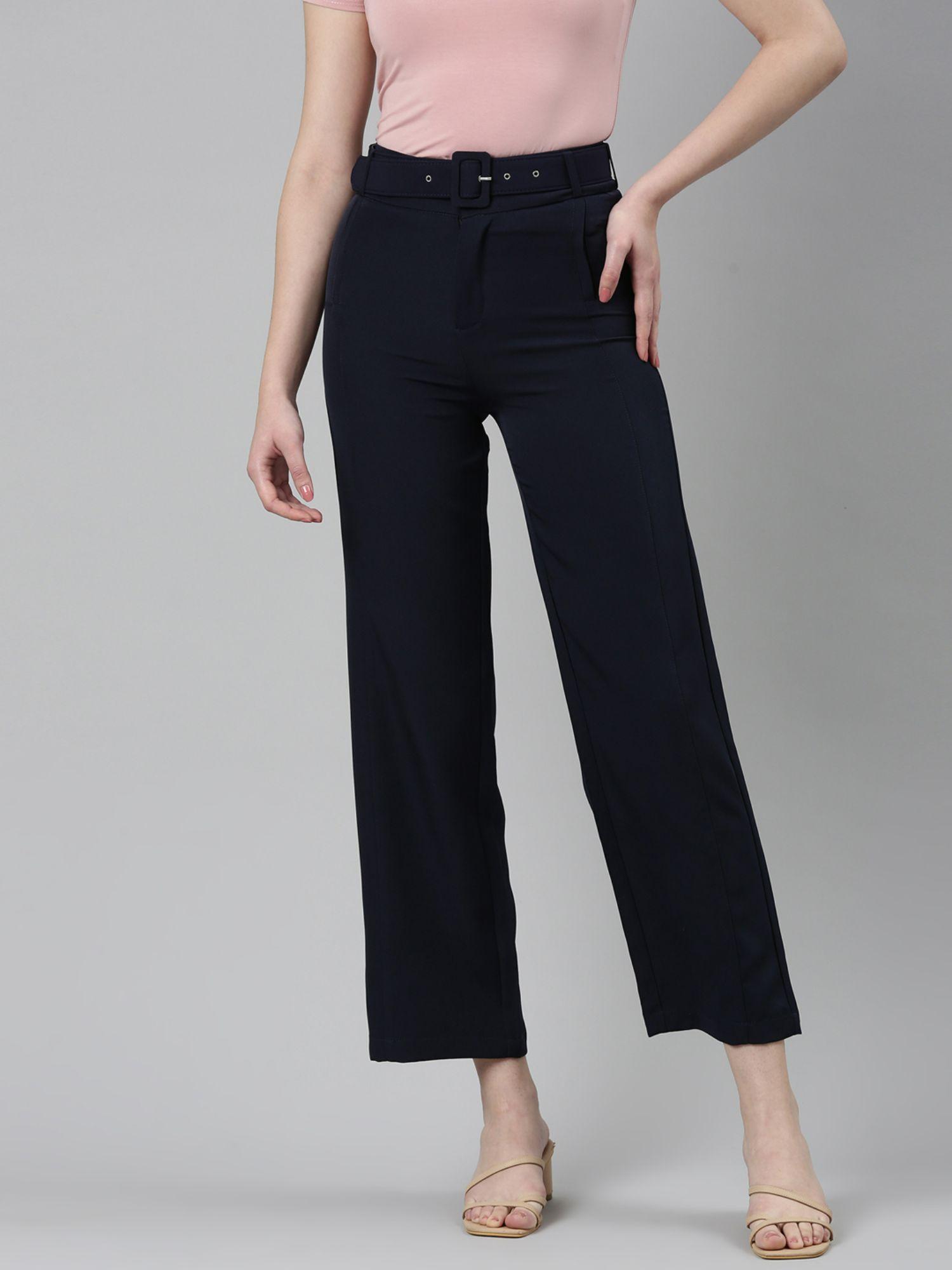 womens high rise solid navy blue straight fit trouser