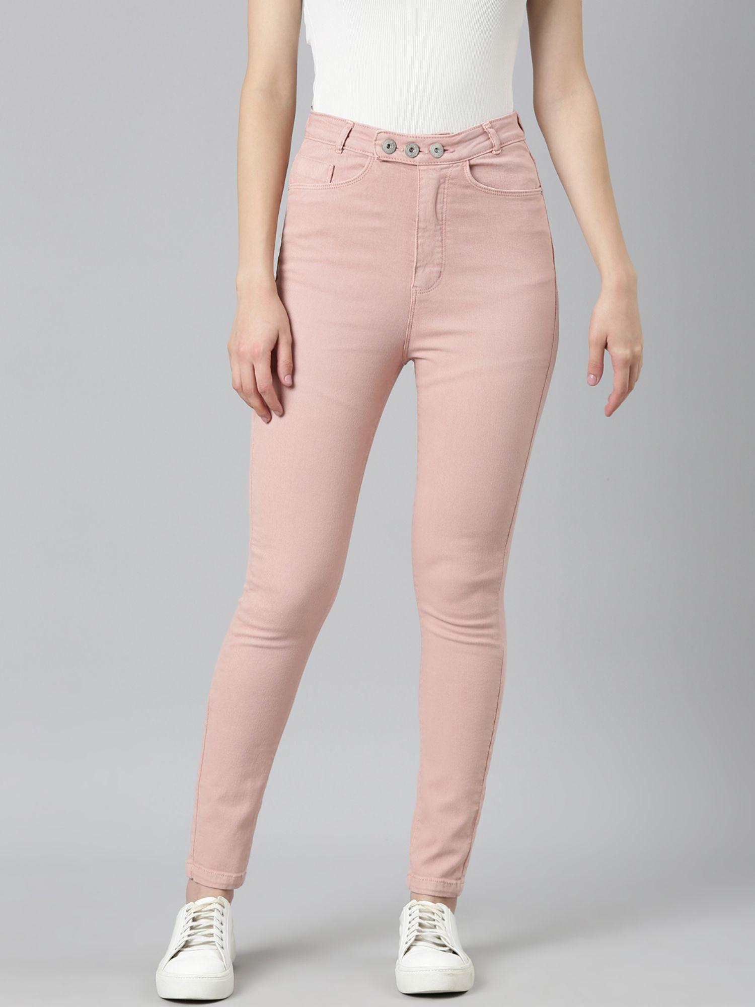 womens high rise stretchable regular peach slim fit jeans