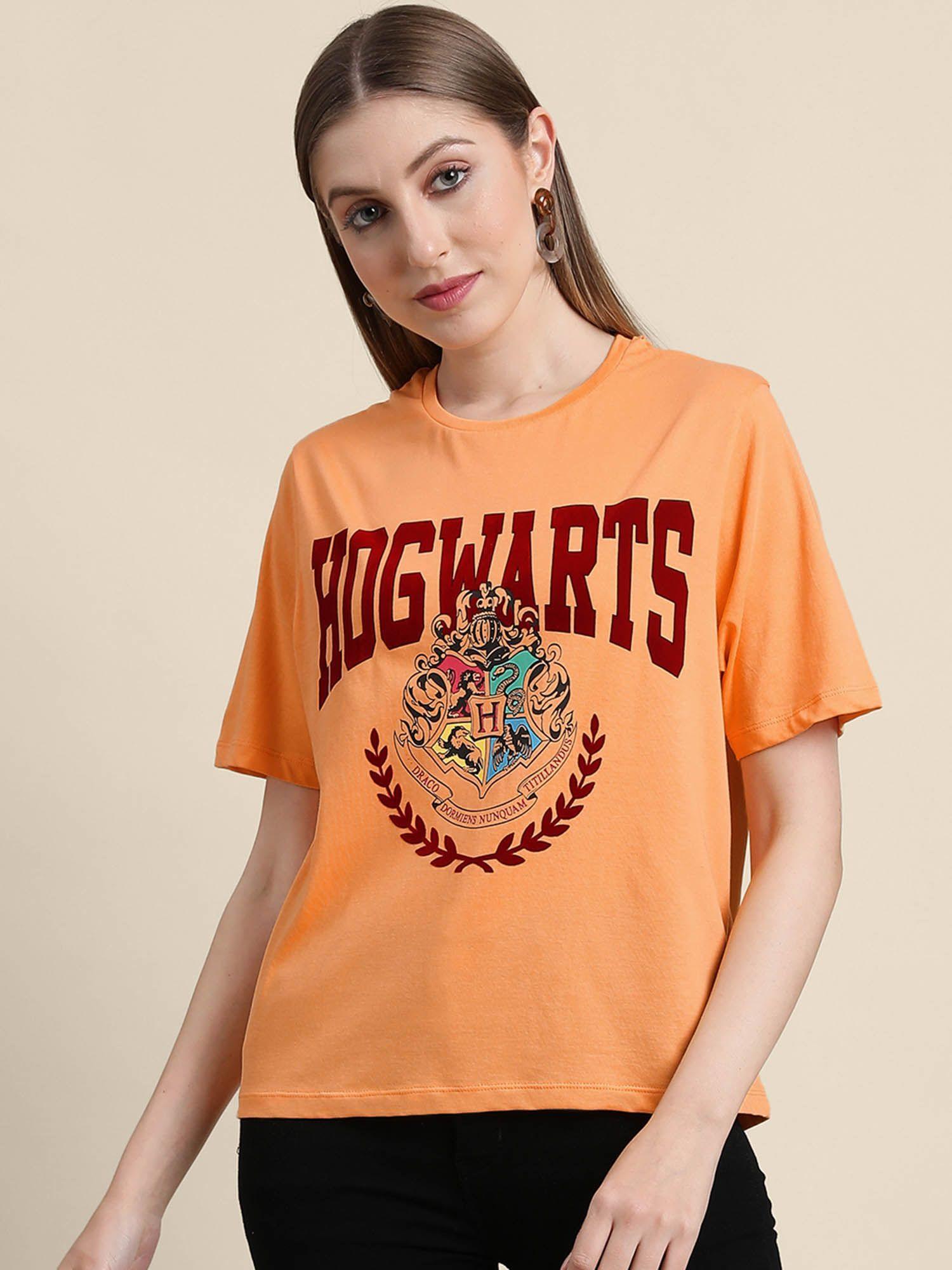 womens hogwarts printed half sleeve orange t-shirt