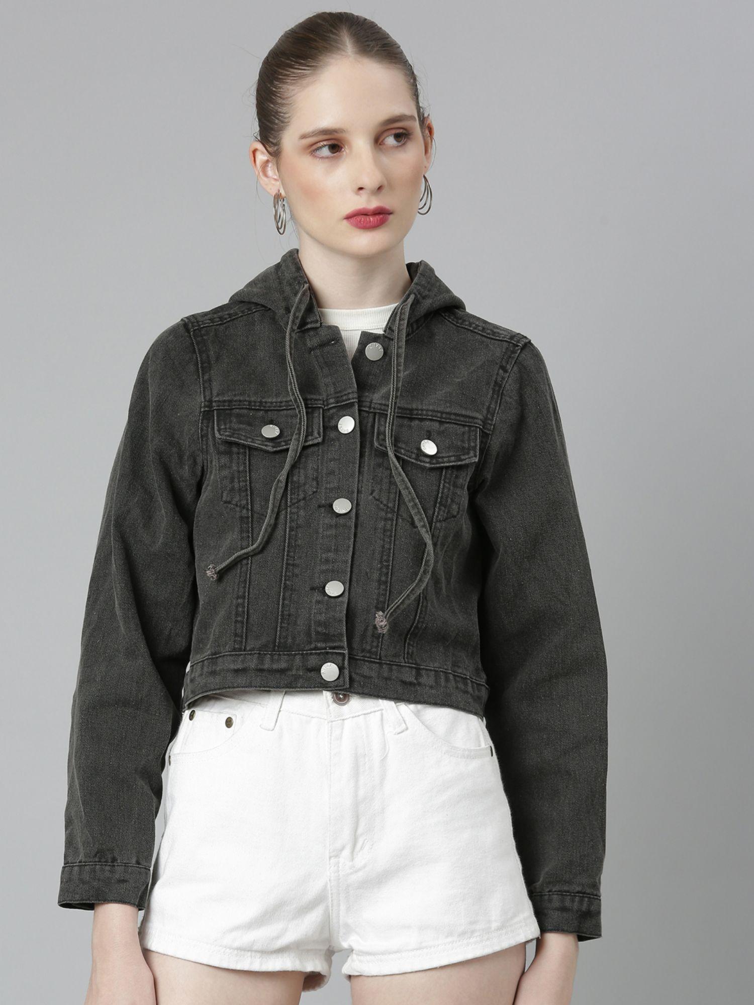 womens hooded black solid crop denim jacket