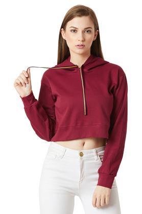 womens hooded neck twill tape detailing solid crop sweatshirt - maroon